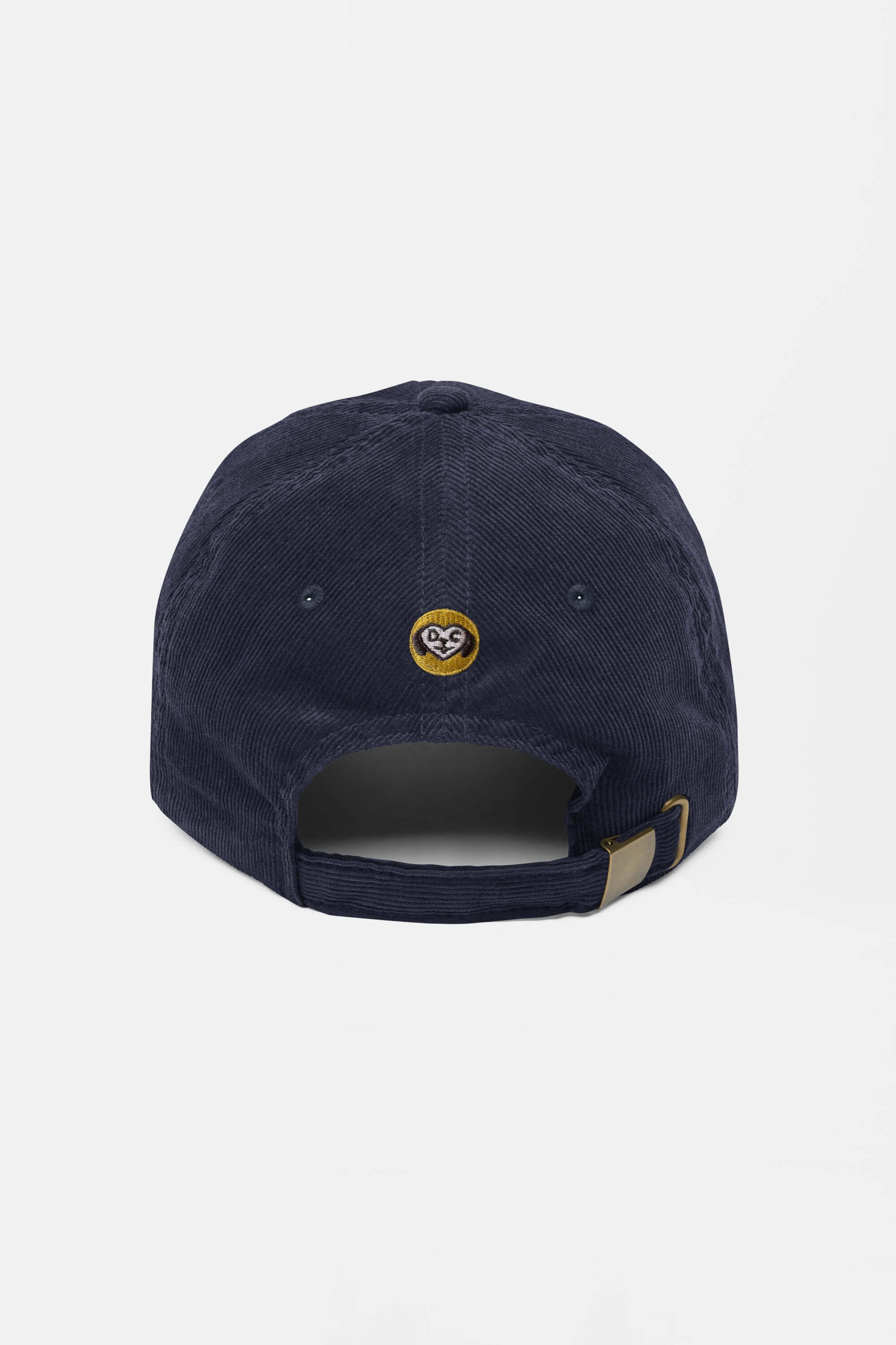 The Limited Dog Lover Corduroy Cap by Dogloverclothing.com is a vintage navy hat with a small circular yellow and black logo above the adjustable brass buckle strap, shown from the back for a perfect fit.