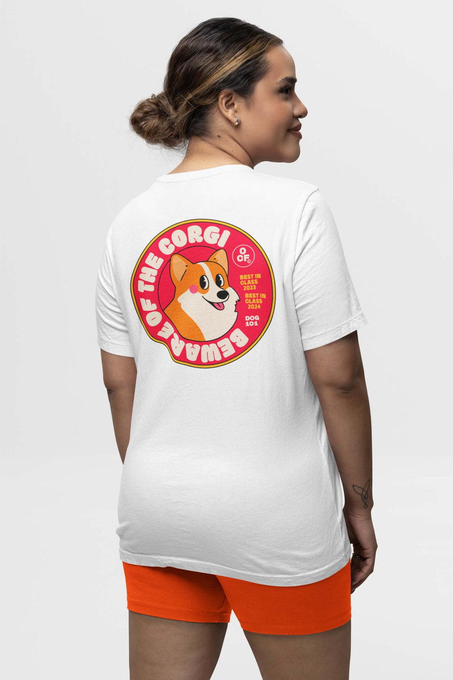 Back of the Beware of the Corgi T-Shirt from WOOF worn with orange shorts