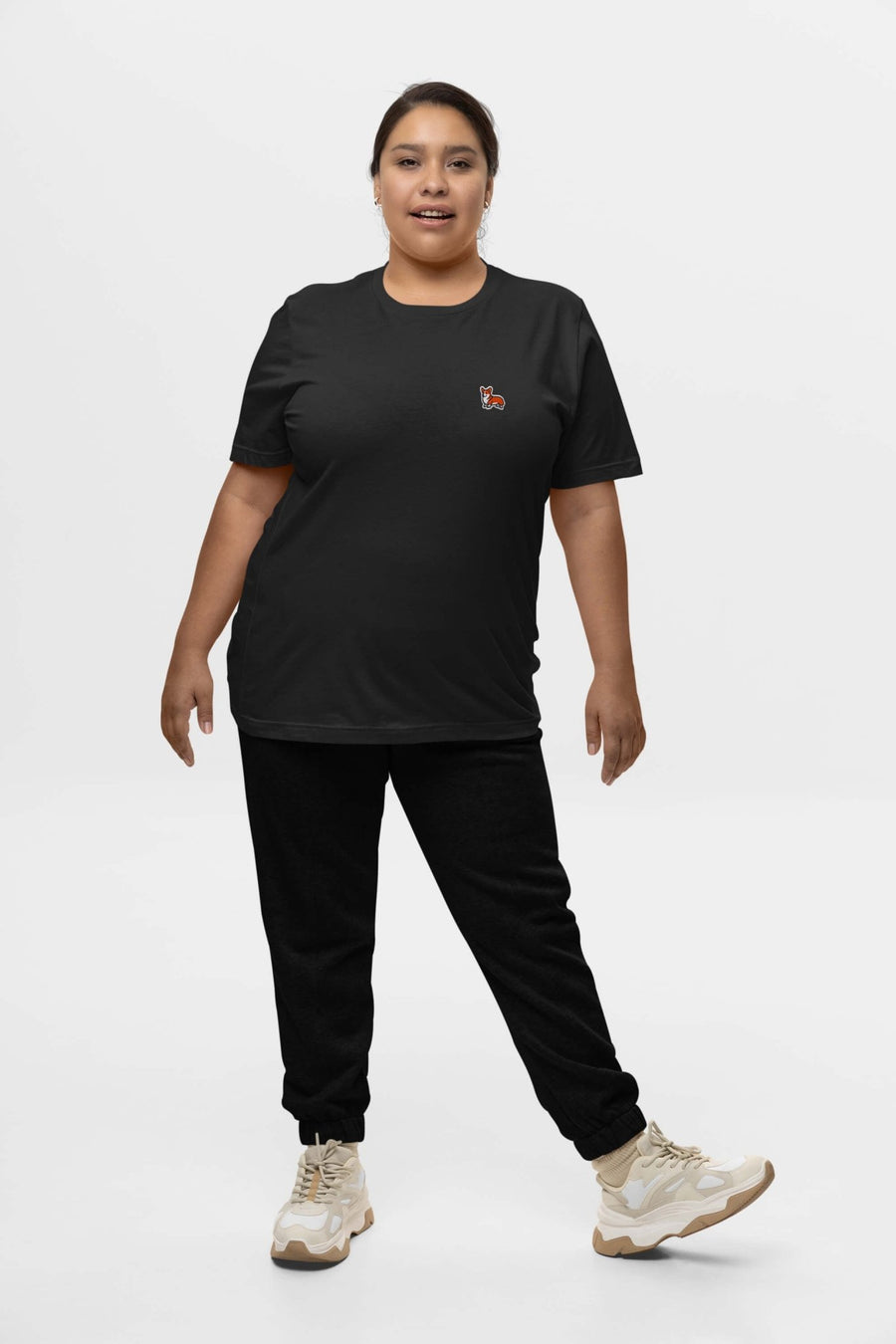 Black Corgi Bobtail Buddy T-Shirt from WOOF, front view with the corgi icon