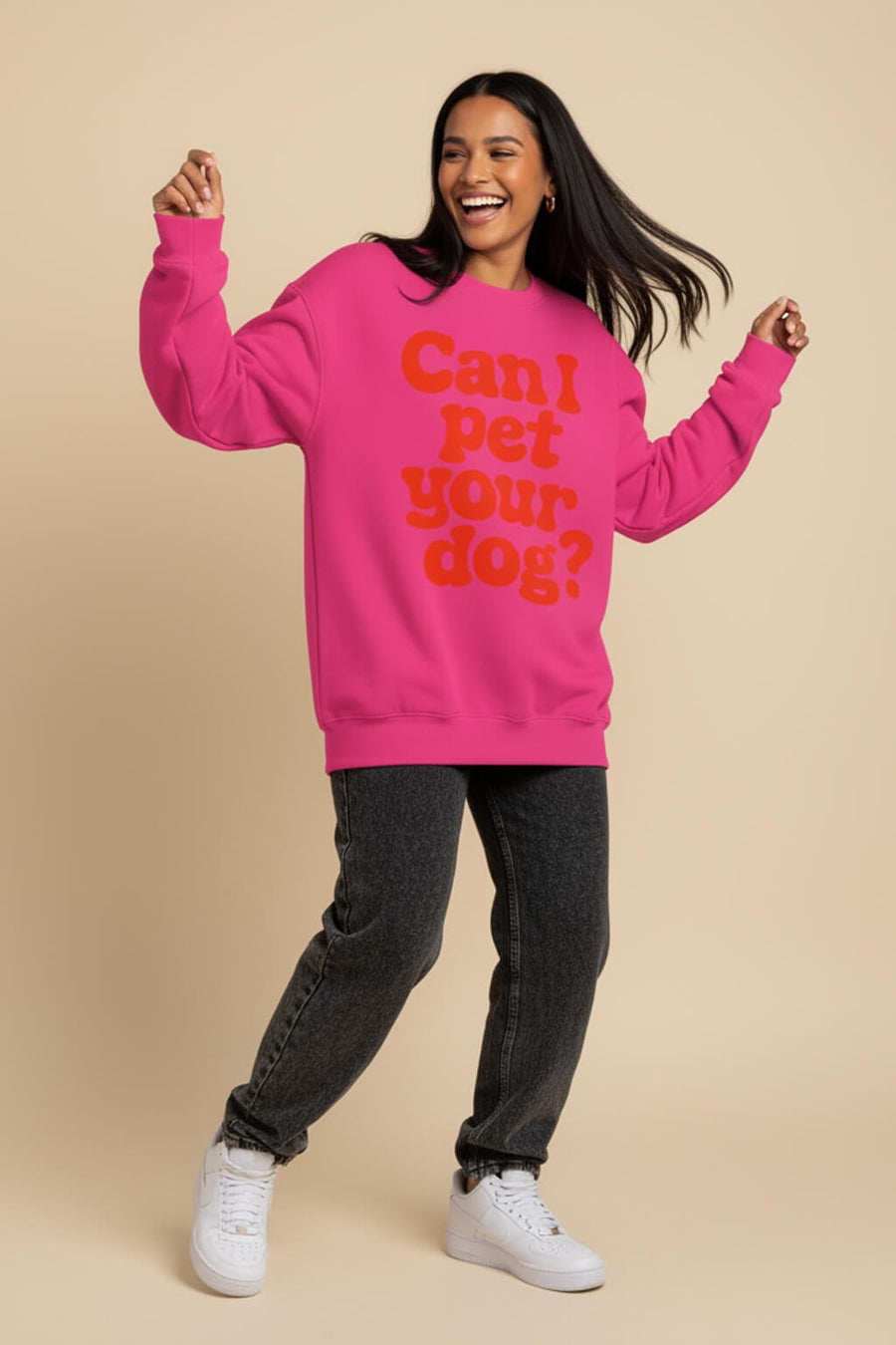 Pink Can I Pet Your Dog Sweatshirt from WOOF on a plain background