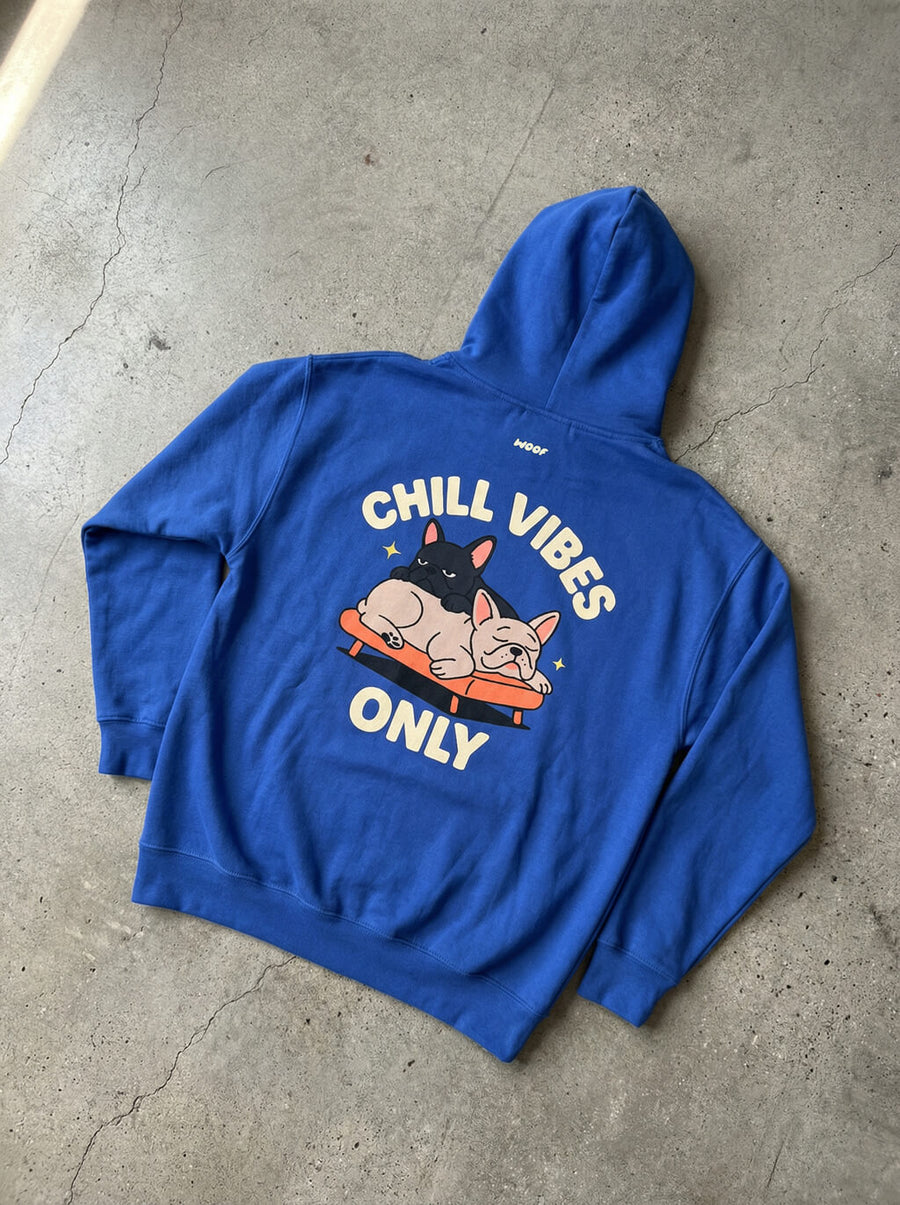 Back of the blue Chill Vibes Only French Bulldog Hoodie from WOOF