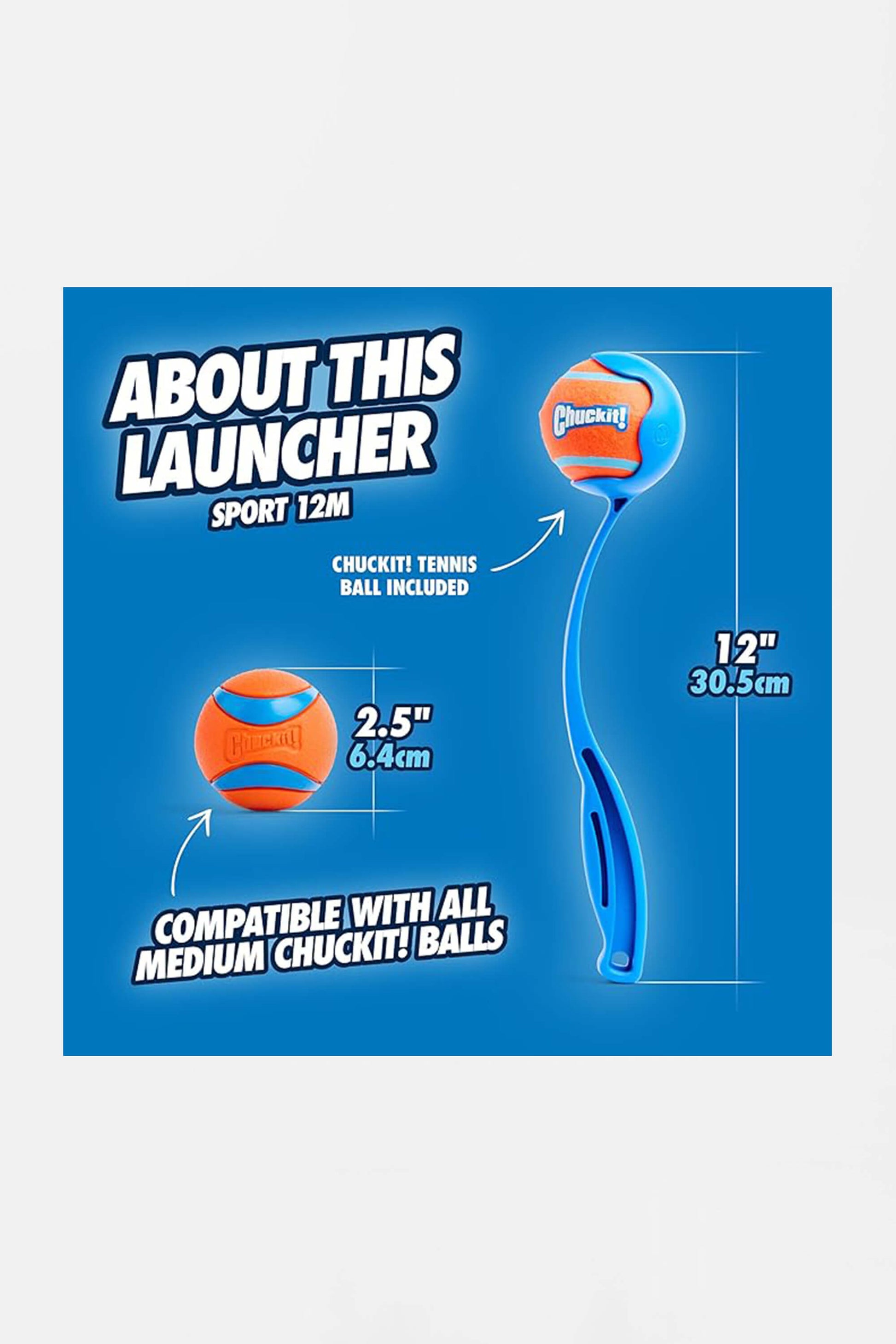 A blue ad image features the Amazon Chuckit! 12 Dog Ball Launcher, ideal for interactive fetch. Compatible with medium Chuckit! balls, it includes a 2.5-inch orange tennis ball.