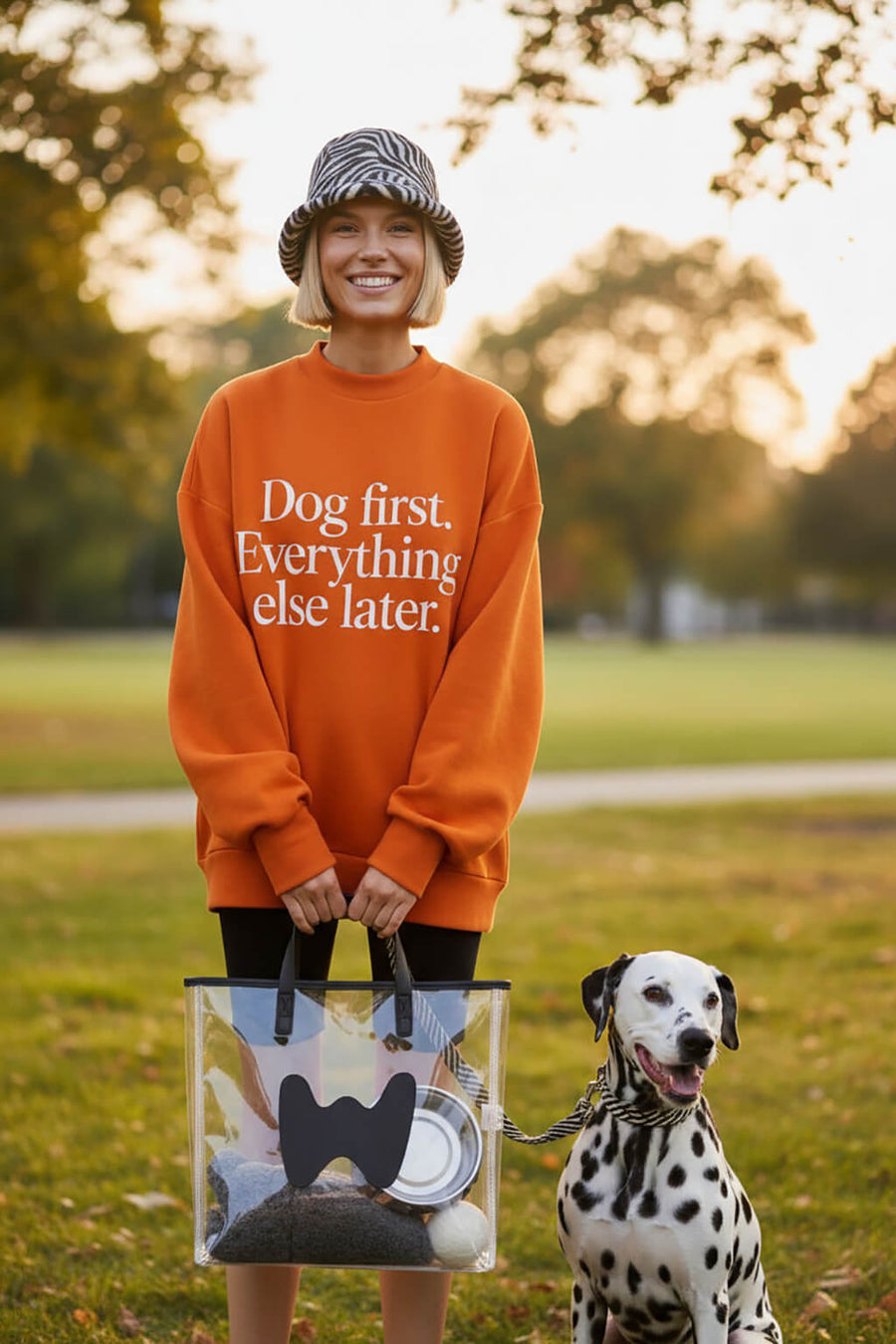 Clear WOOF tote bag carried in an everyday setting