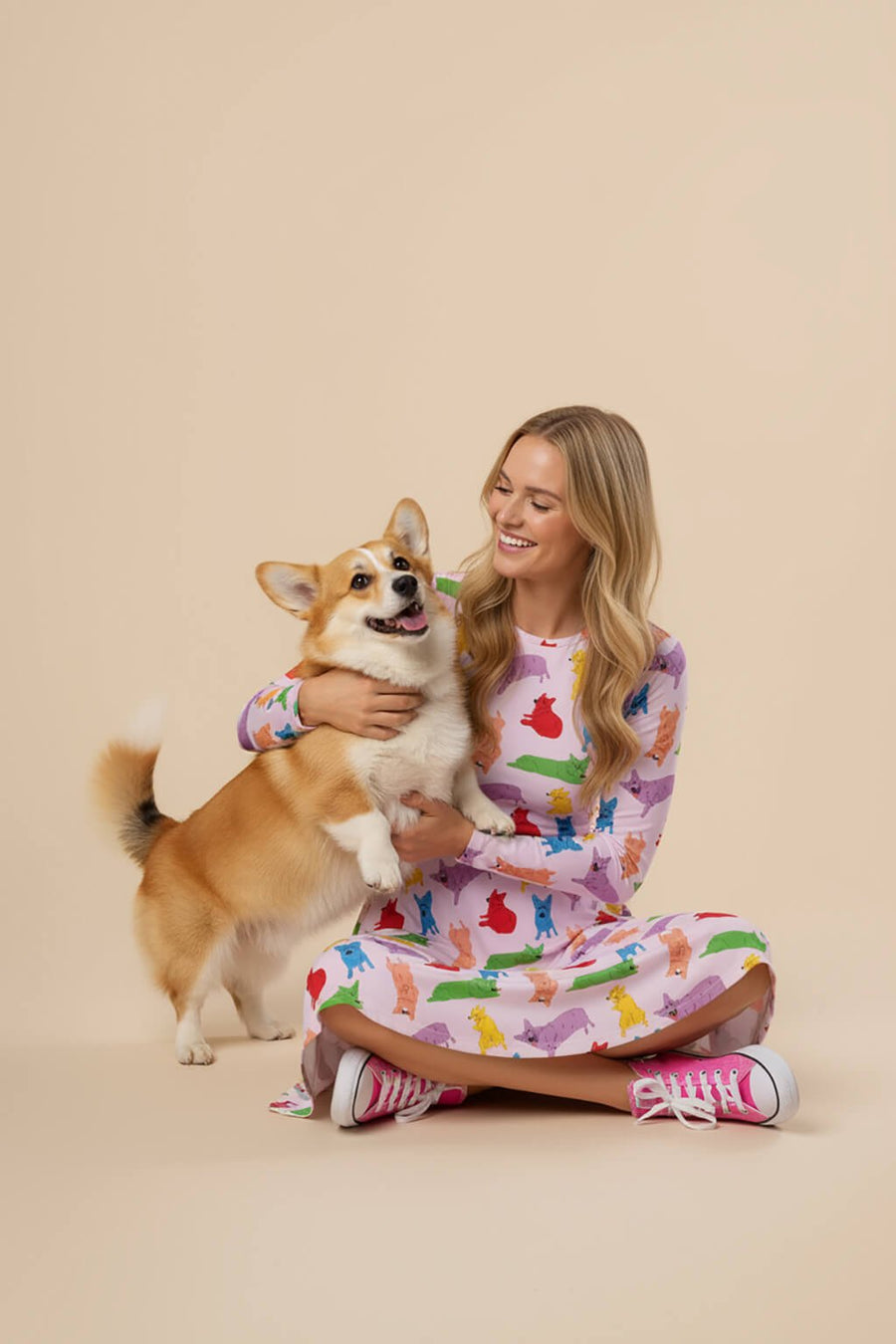 Supreme Corgi Confetti Midi Dress from WOOF on a plain background, front view