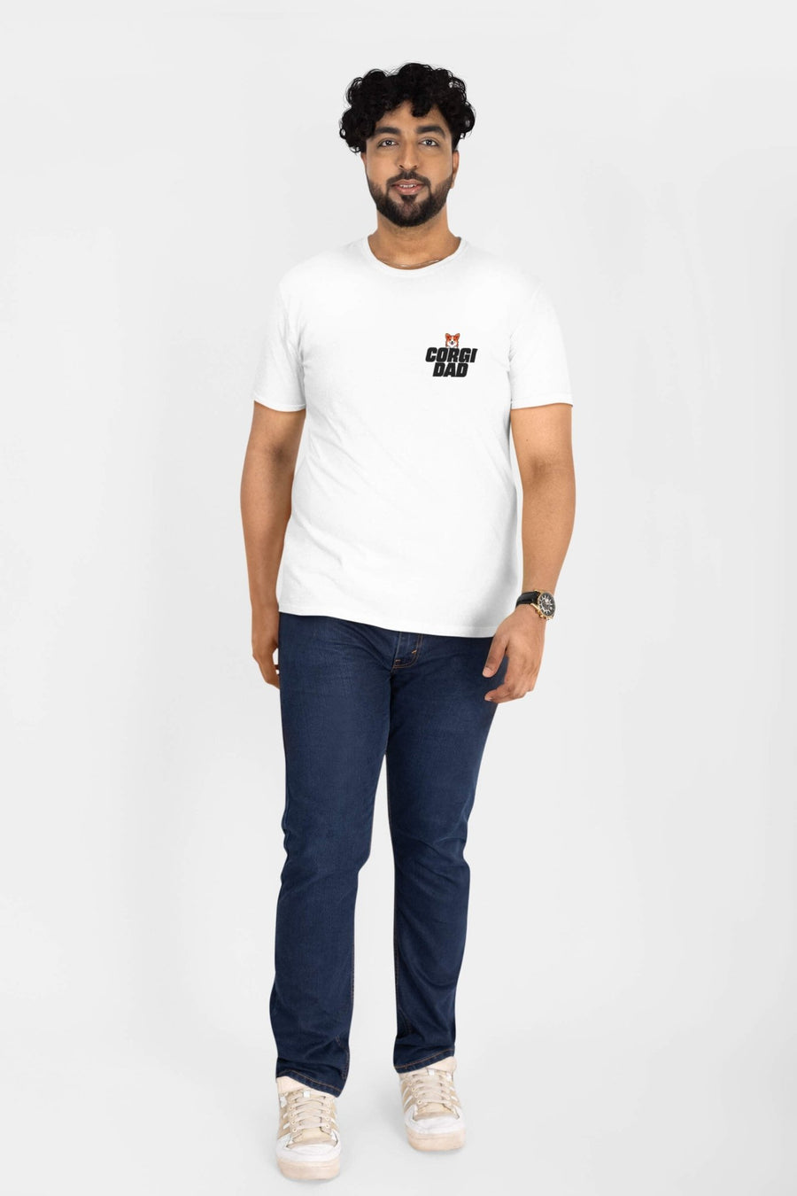 White Corgi Dad Premium T-Shirt from WOOF, front view with the corgi dad print