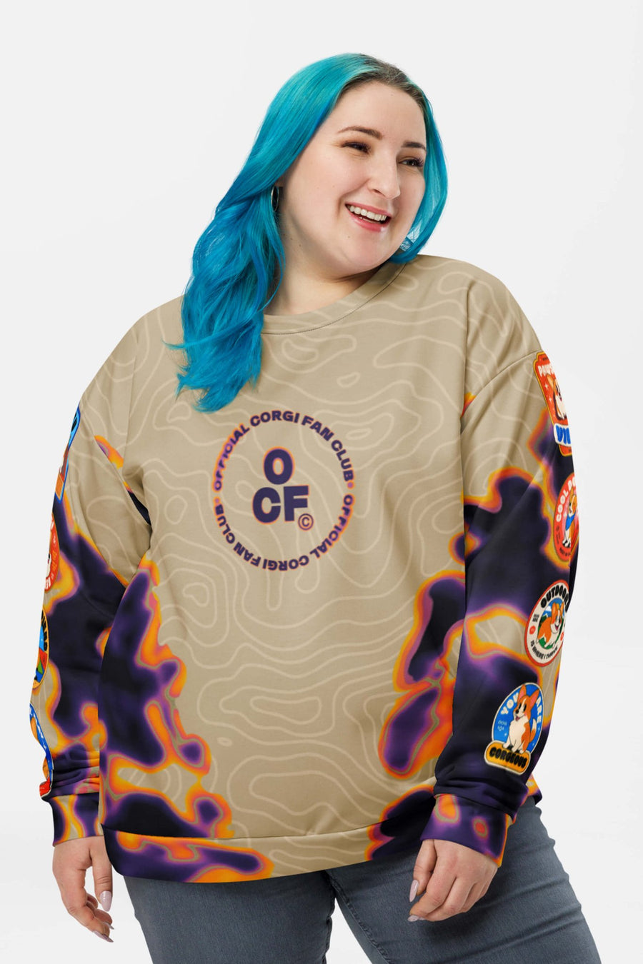 Official Corgi Fan Club Sweatshirt from WOOF, front view with the club badge