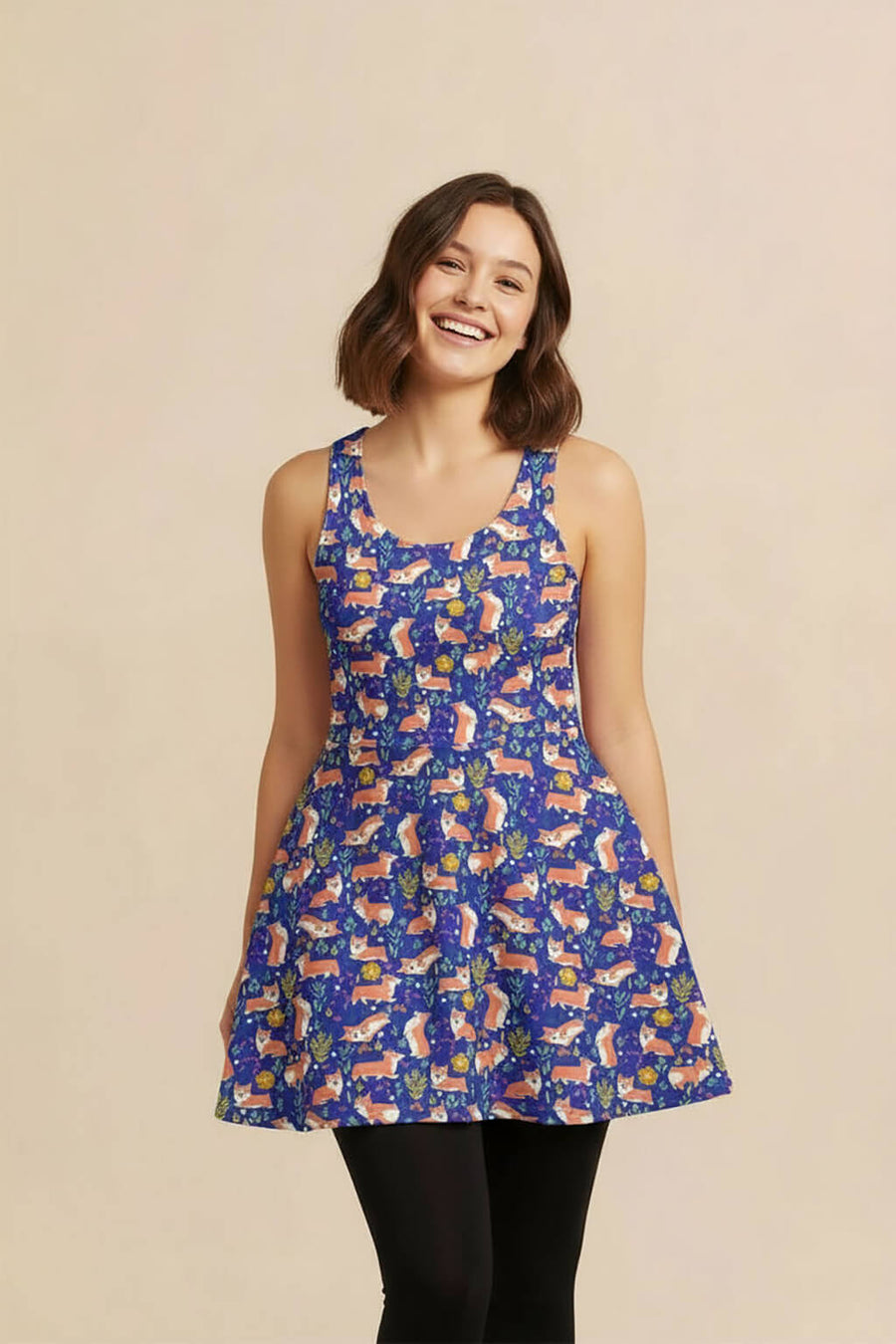 Cute Corgi Floral Summer Dress from WOOF, front view showing the skirt flare