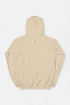 The Classic Corgi Sidekick Embroidered Unisex Hoodie by Dogloverclothing.com, displayed with the back showing, offers a minimalistic beige look featuring a small black-and-white circular logo beneath the hood. Enjoy maximum comfort with this cozy wardrobe addition.