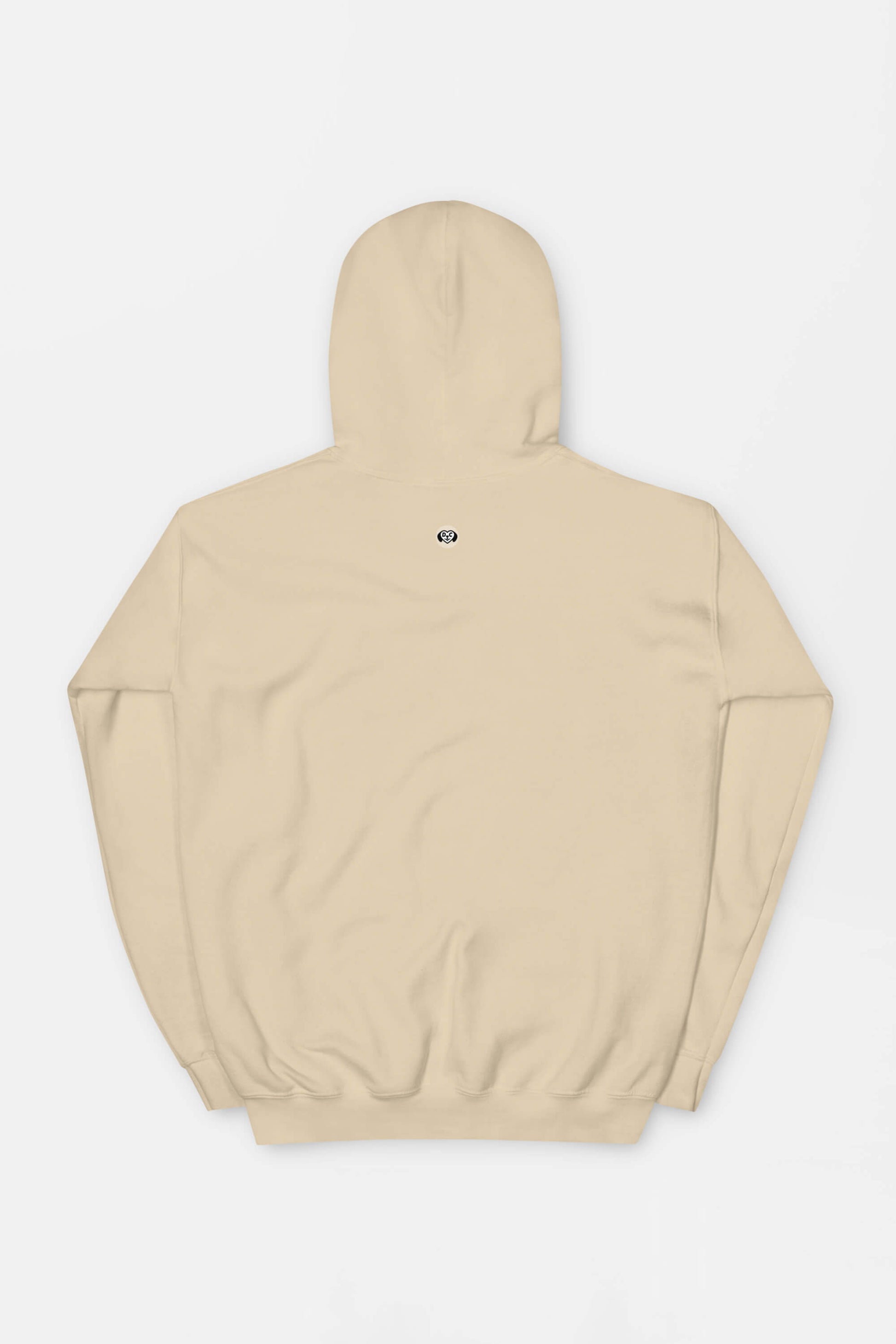 The Classic Corgi Sidekick Embroidered Unisex Hoodie by Dogloverclothing.com, displayed with the back showing, offers a minimalistic beige look featuring a small black-and-white circular logo beneath the hood. Enjoy maximum comfort with this cozy wardrobe addition.