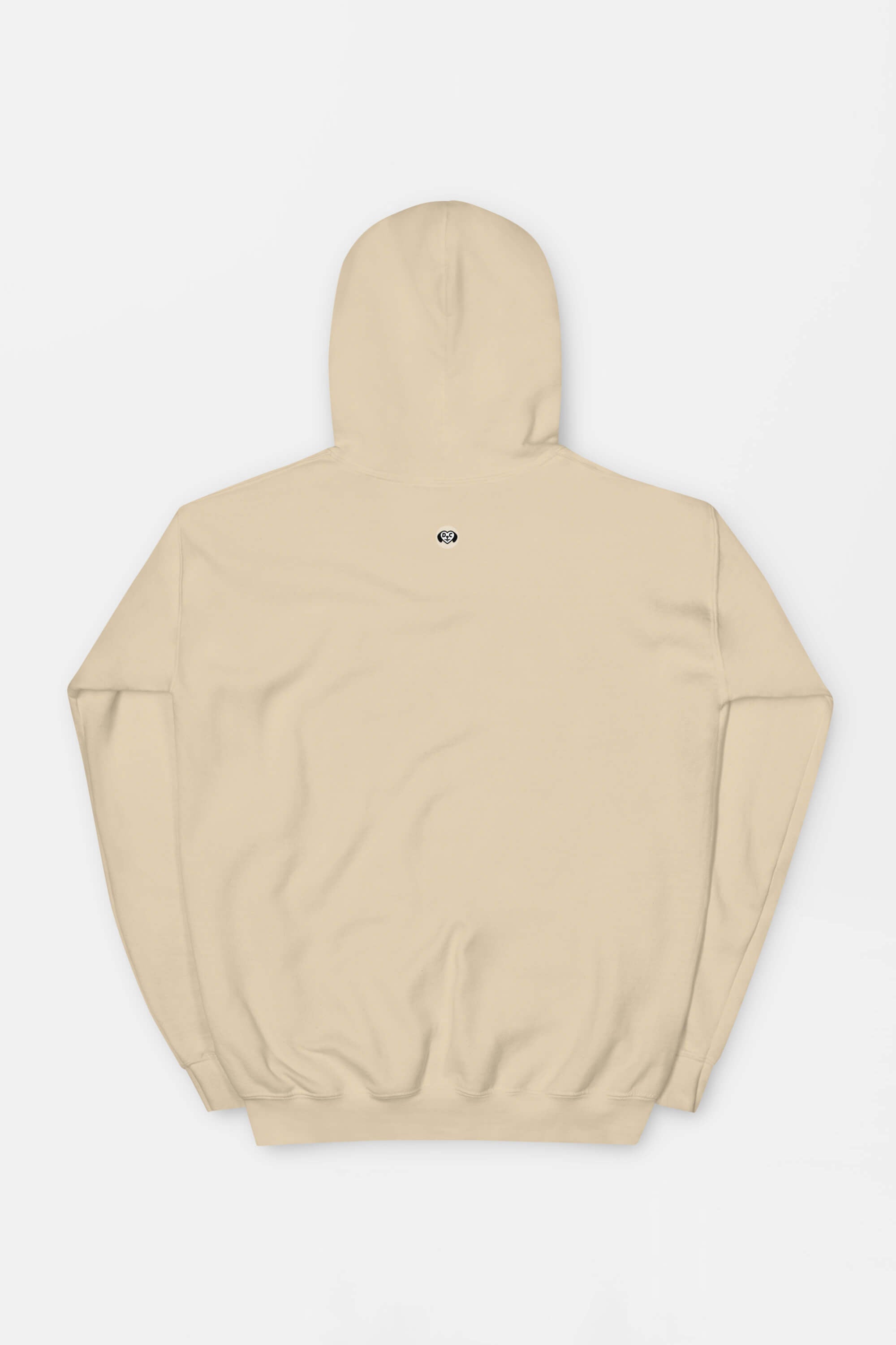 The Classic Corgi Sidekick Embroidered Unisex Hoodie by Dogloverclothing.com, displayed with the back showing, offers a minimalistic beige look featuring a small black-and-white circular logo beneath the hood. Enjoy maximum comfort with this cozy wardrobe addition.