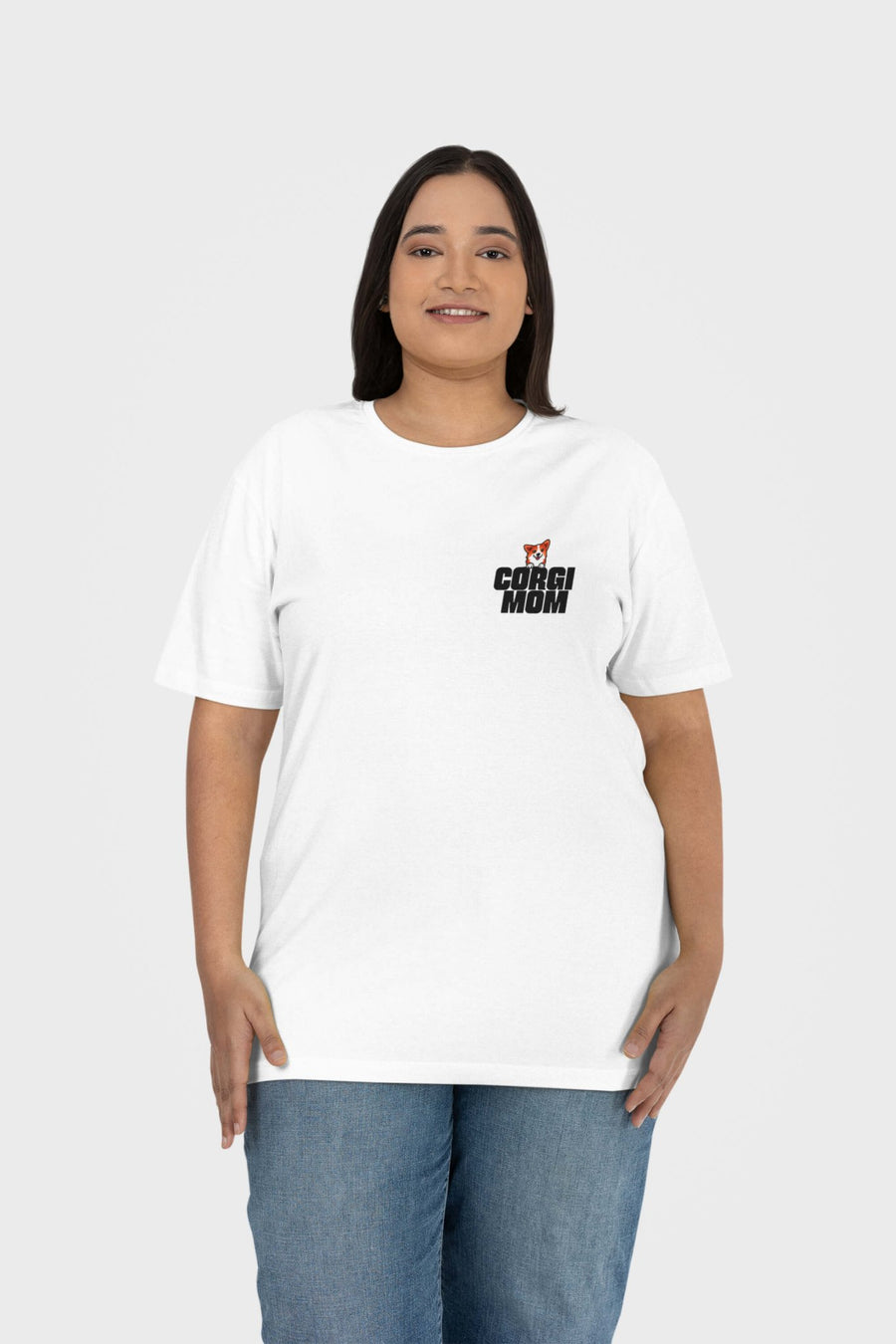 White Corgi Mom Premium T-Shirt from WOOF, front view with the corgi mom print
