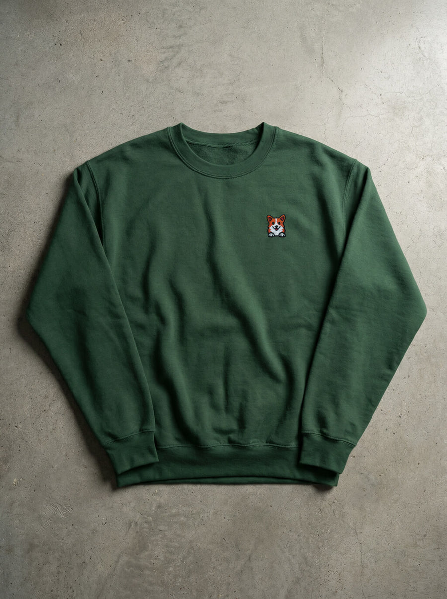 Forest green Embroidered Corgi Sweatshirt from WOOF, front view