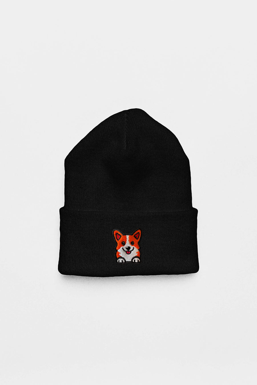 Black Cozy Corgi Patch Beanie from WOOF laid flat