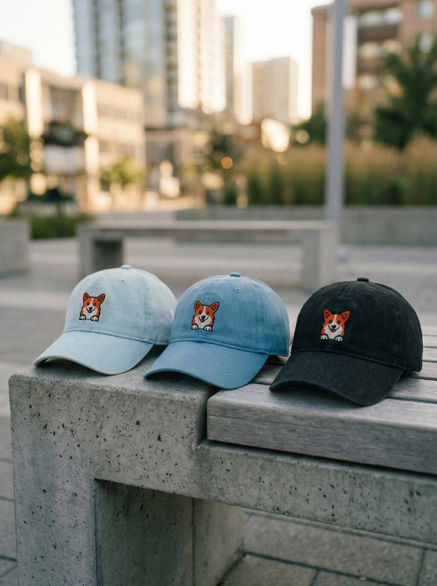 Iconic Corgi Denim Cap from WOOF, close front view of the embroidery