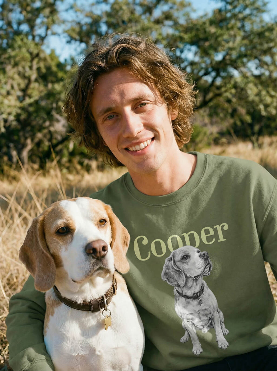 Military green custom dog sketch sweatshirt from WOOF with a personalised portrait