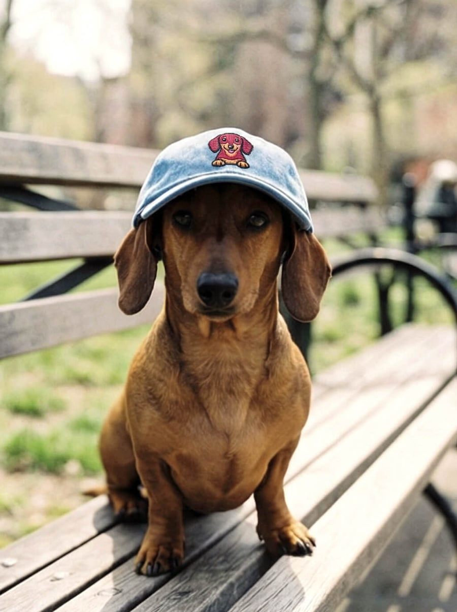 Light blue Dachshund denim cap from WOOF, straight on front view