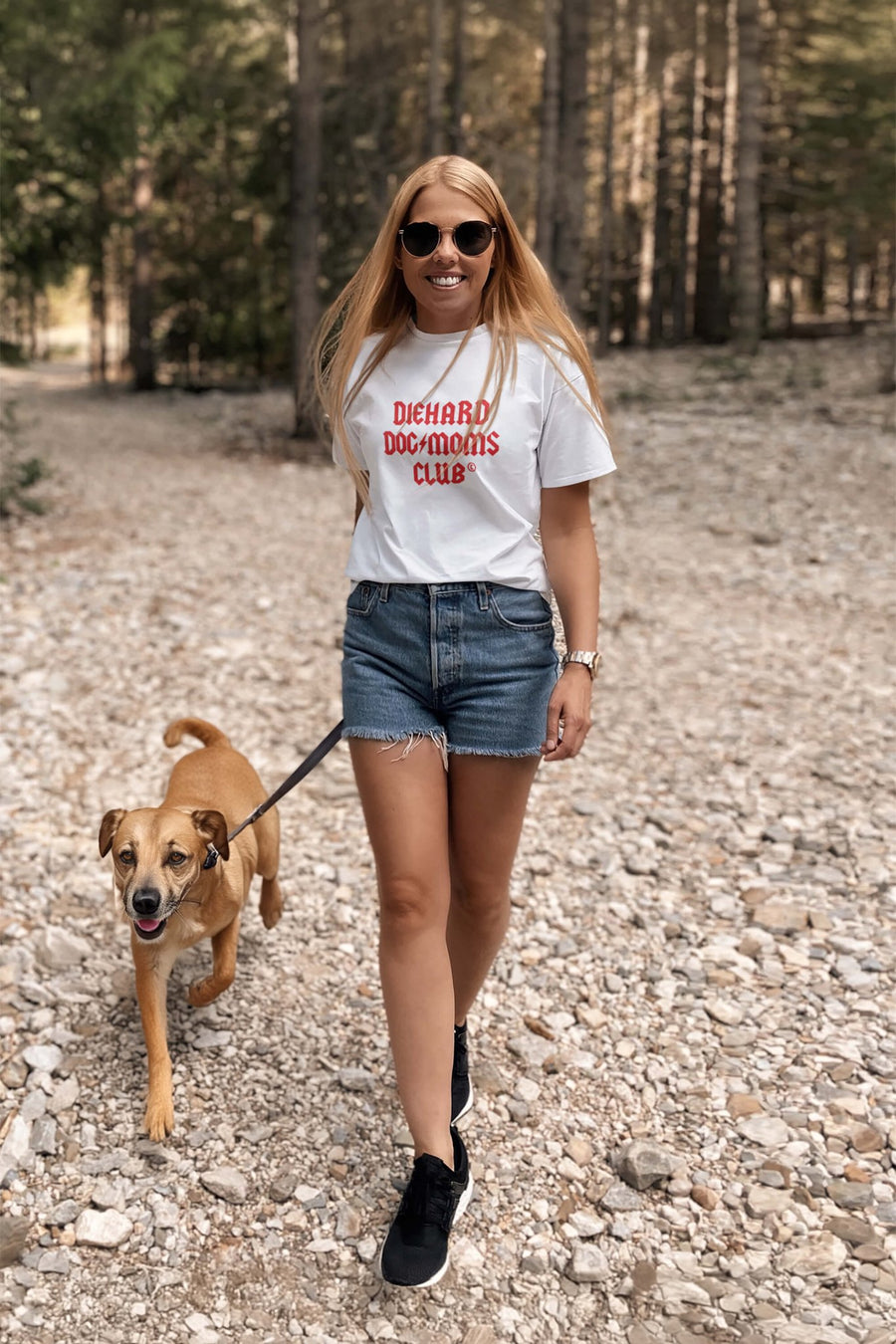 Model wearing the white Diehard Dog Moms Club T-Shirt from WOOF
