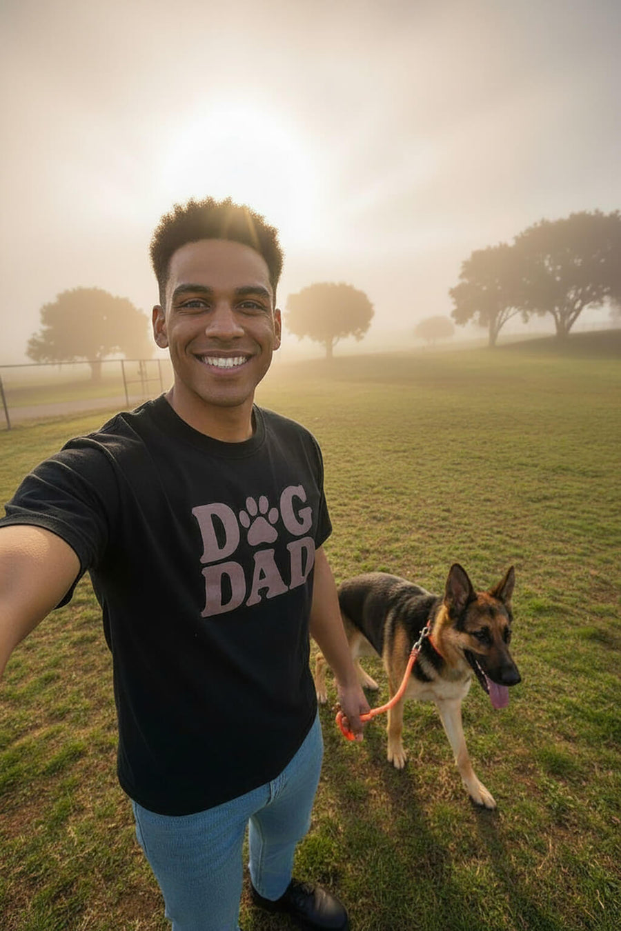 Model wearing the black Soft Dog Dad T-Shirt from WOOF in an everyday setting