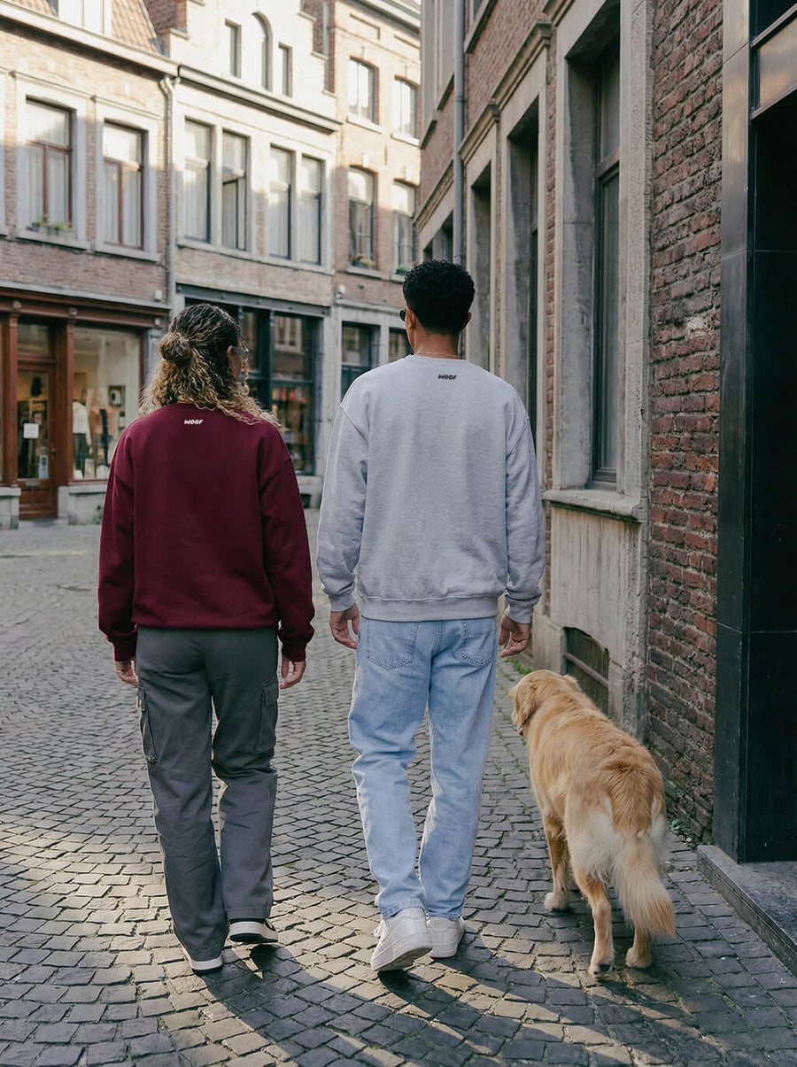 Back of the maroon and grey Dog First Statement Sweatshirts from WOOF