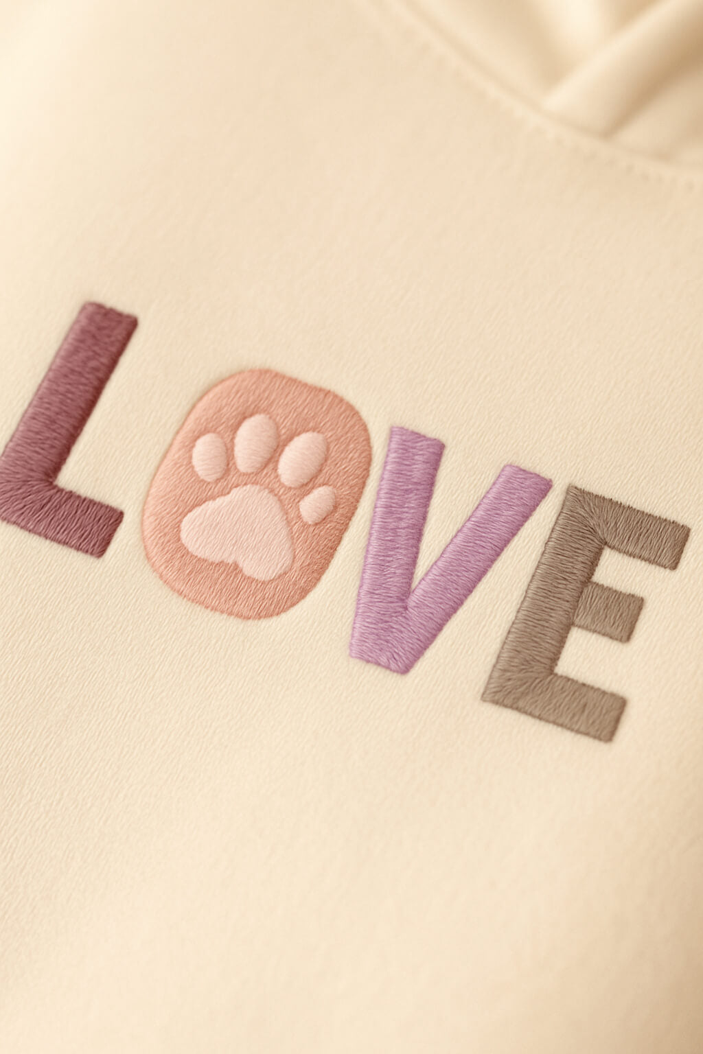 A close-up of the Super Soft Dog Love Hoodie by Dogloverclothing.com shows LOVE embroidered on cream fabric, with a pink paw print for the O and the other letters in purple, lavender, and taupe—ideal dog parent apparel.