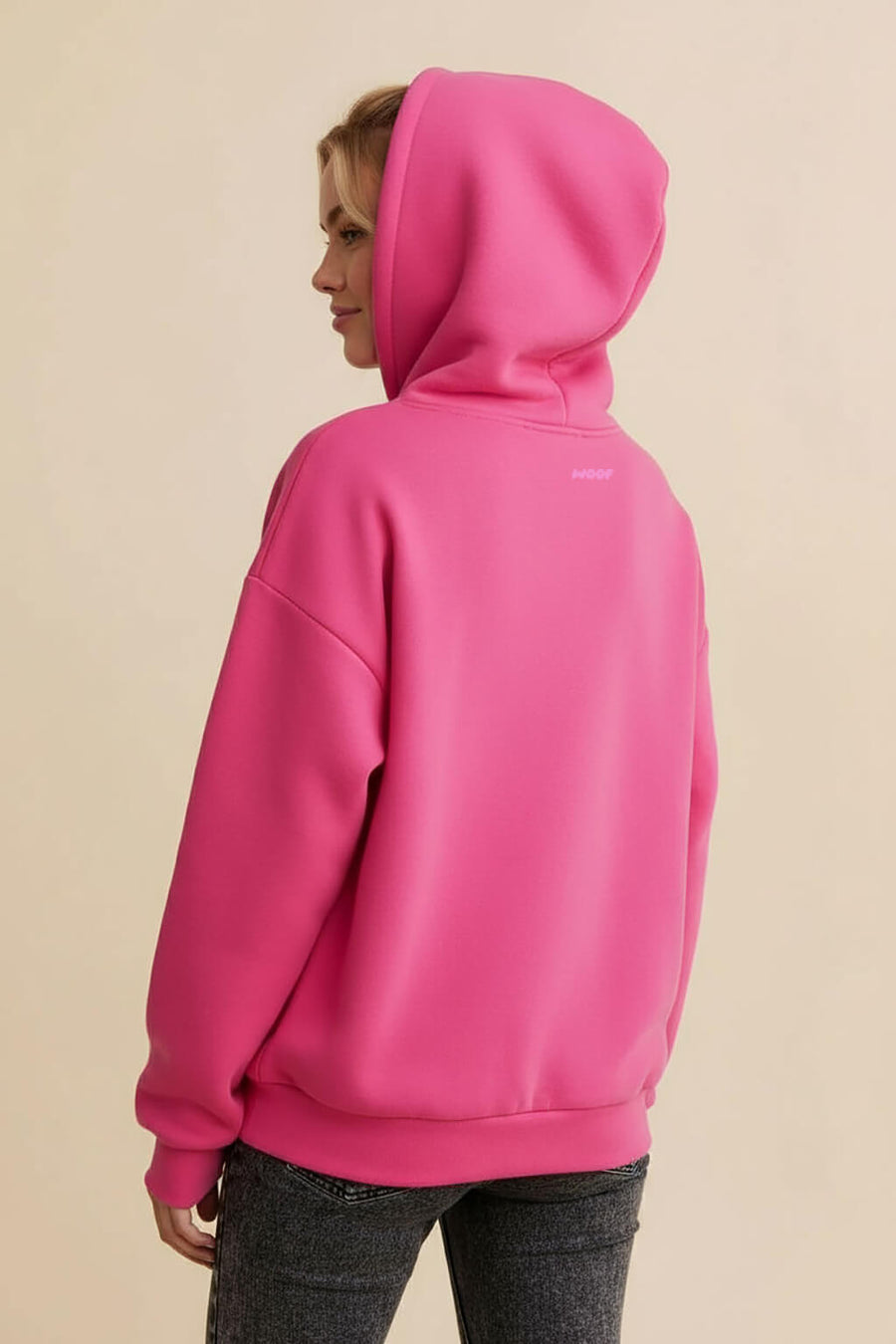 Back view of the pink Dog Mom Hoodie from WOOF