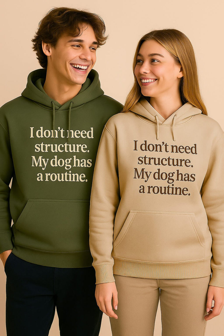 No Structure dog hoodies from WOOF in olive and beige, front view