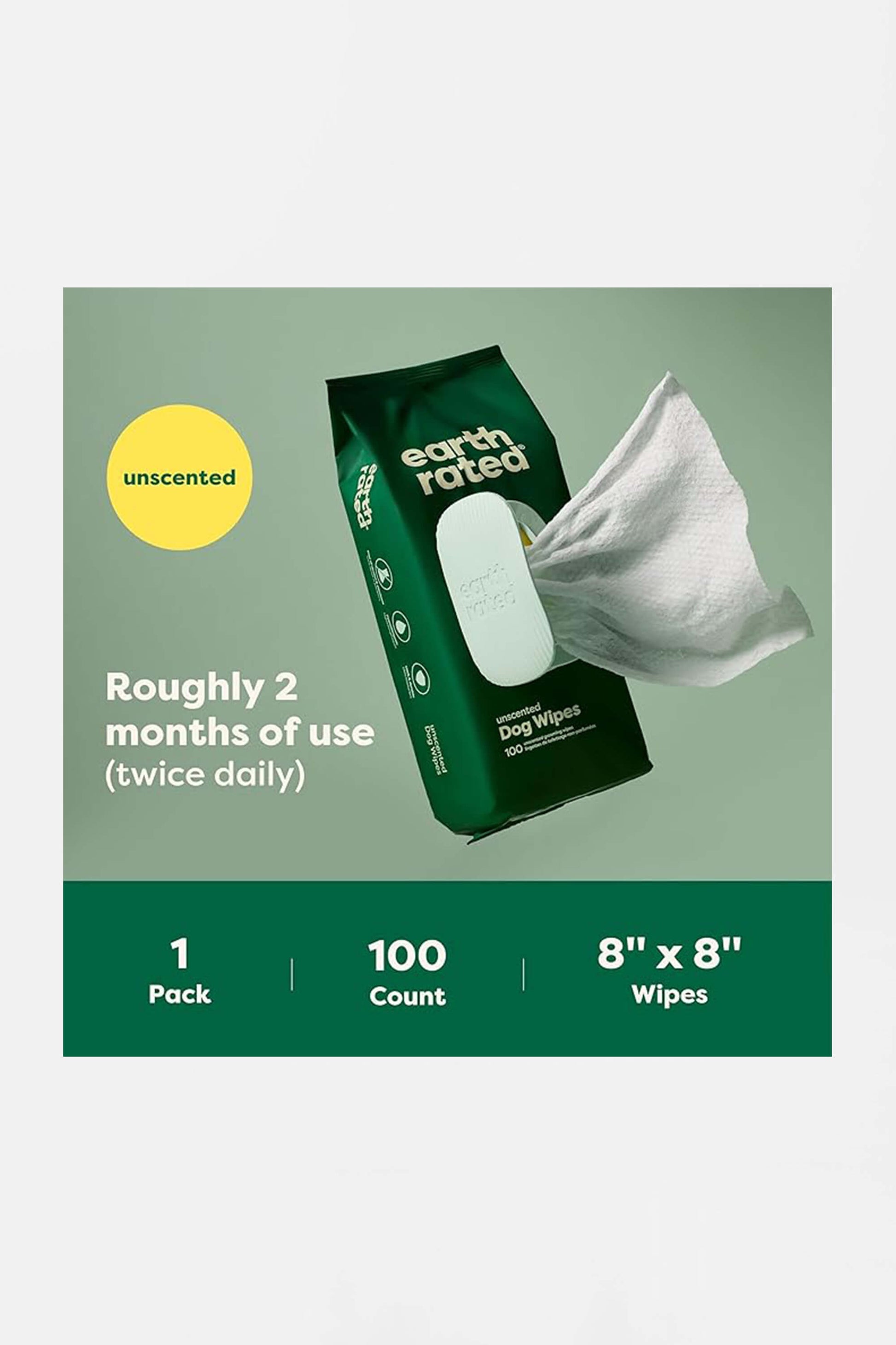 A package of Amazon Hypoallergenic Earth Rated Pet Wipes displays a close-up of an individual wipe, with text noting unscented, Roughly 2 months of use (twice daily), and 1 Pack, 100 Count, 8 x 8 Wipes.