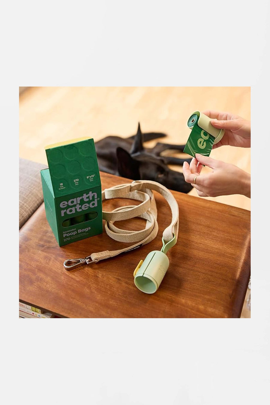 Earth Rated poop bags from WOOF, product shot on a plain background