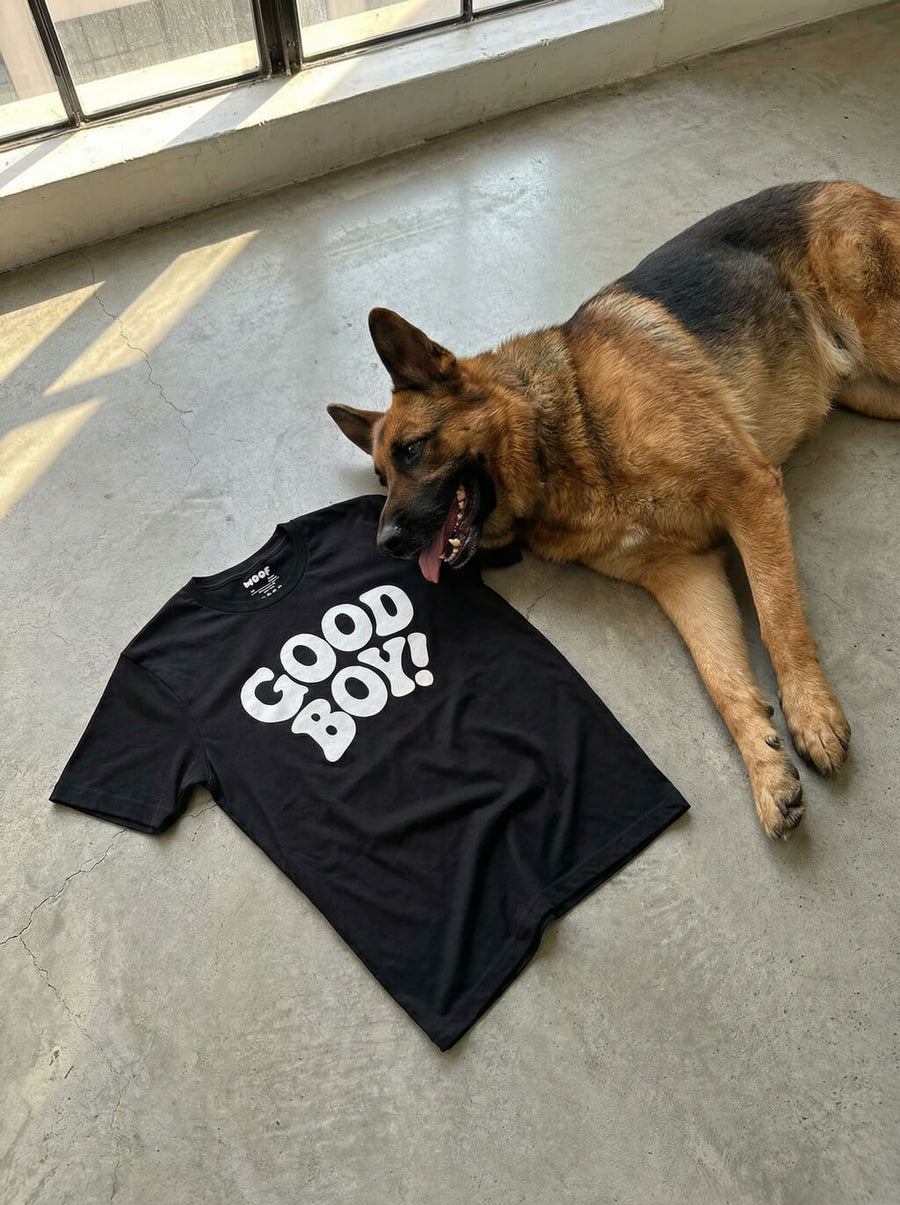Front of the black Good Boy Dog T-Shirt from WOOF on a plain background