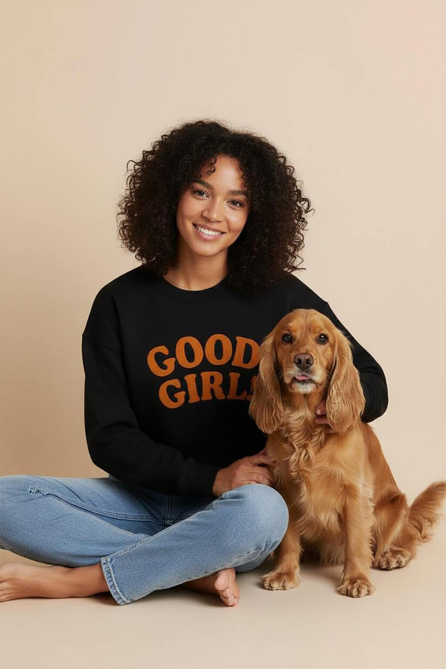 Black Good Girl Crop Sweatshirt from WOOF laid flat, front view