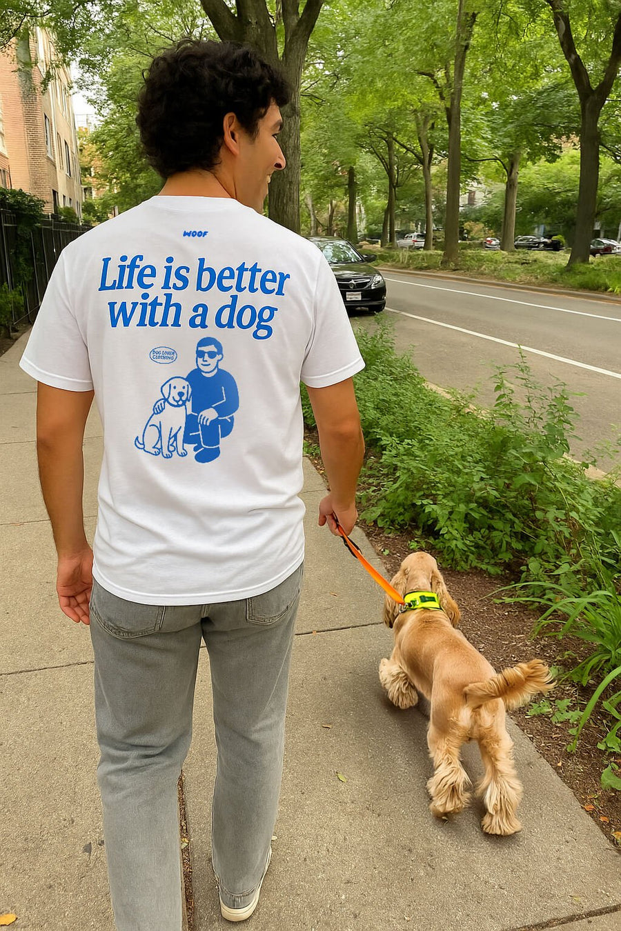 Model wearing the white Retro Life is Better with a Dog T-Shirt from WOOF