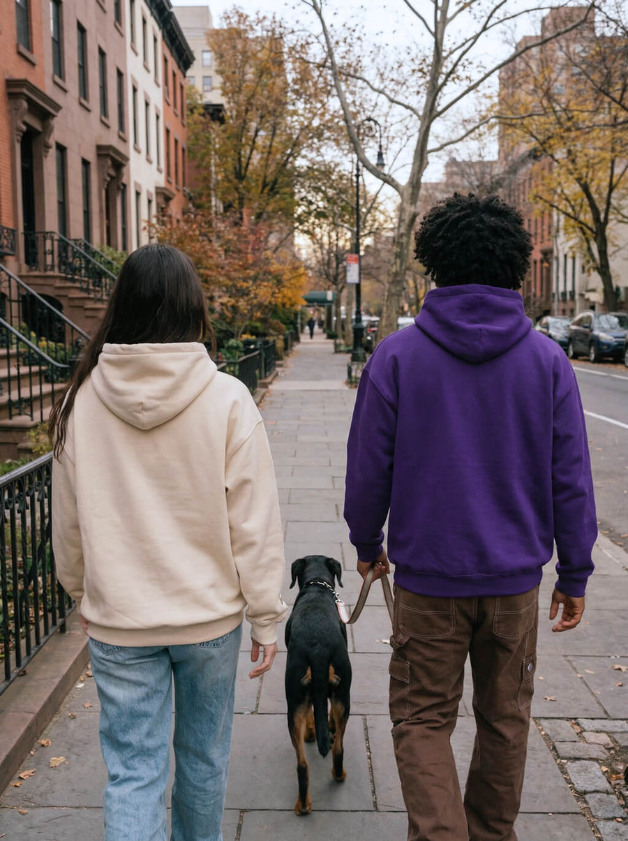 Back view of the beige and purple My Dog And I Talk Hoodies from WOOF