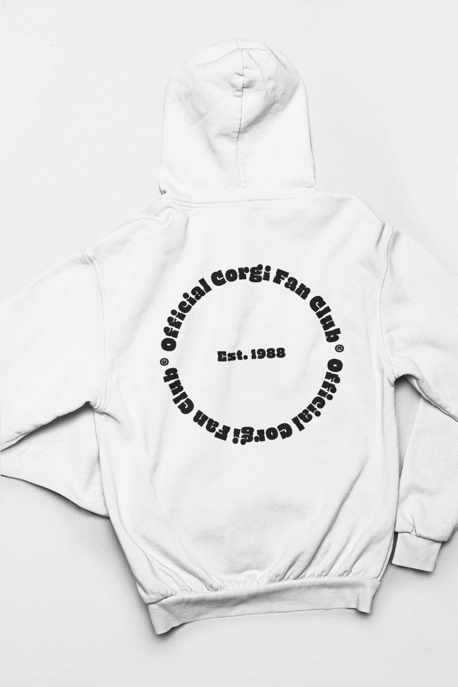 Back of the white Corgi Fan Club Hoodie from WOOF with the corgi graphic
