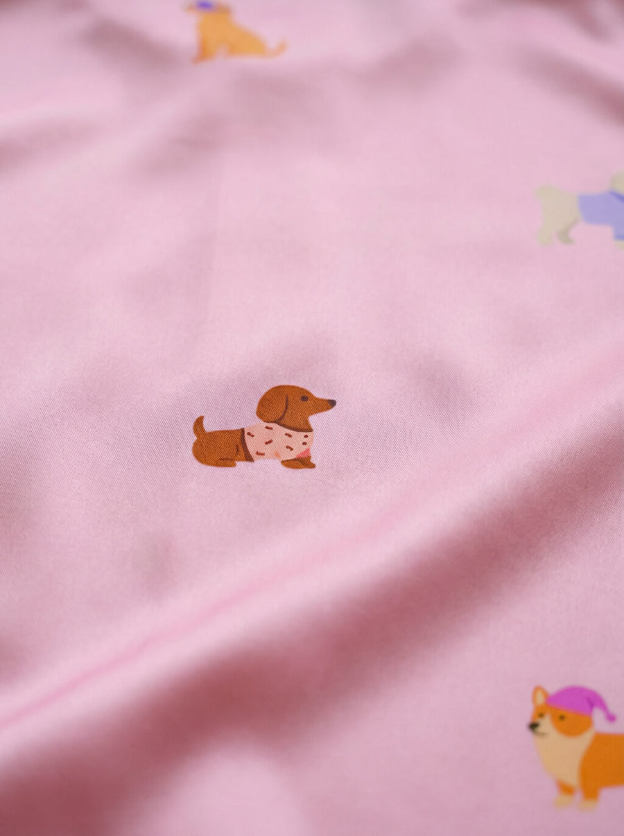 Fabric detail on the pink Valentines dog pajama set from WOOF
