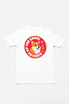 The Beware of the Corgi Supreme Unisex T-Shirt from Dogloverclothing.com features a super comfy white fabric with a large circular graphic and charming corgi illustration on the back. Bold red and white letters encircle the design, declaring BEWARE OF THE CORGI. Perfect for corgi lovers!.