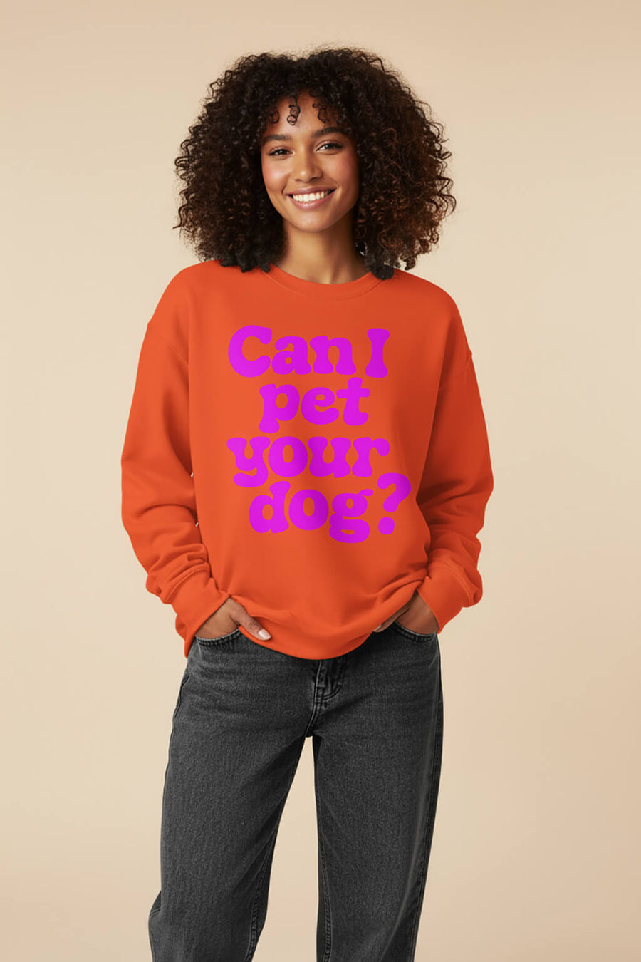 Orange Can I Pet Your Dog Sweatshirt from WOOF, front view