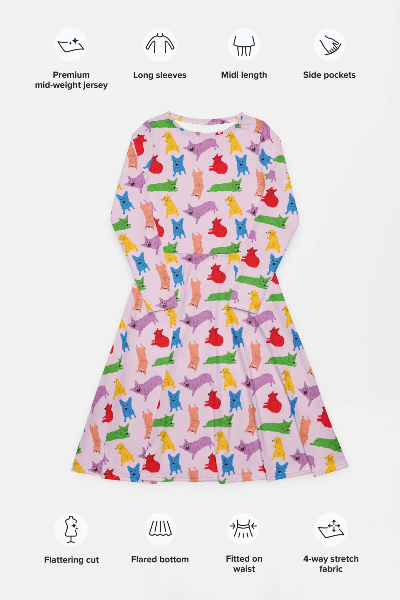 Supreme Corgi Confetti Long Sleeve Midi Dress - Dogloverclothing.com