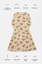 Experience comfort and style with Dogloverclothing.coms Cozy Corgi Midi Dress. This beige dress features long sleeves, a fun orange fox print, convenient side pockets, and a flared waist-fitted design in premium mid-weight jersey—perfect for fans of unique designs and effortless elegance.