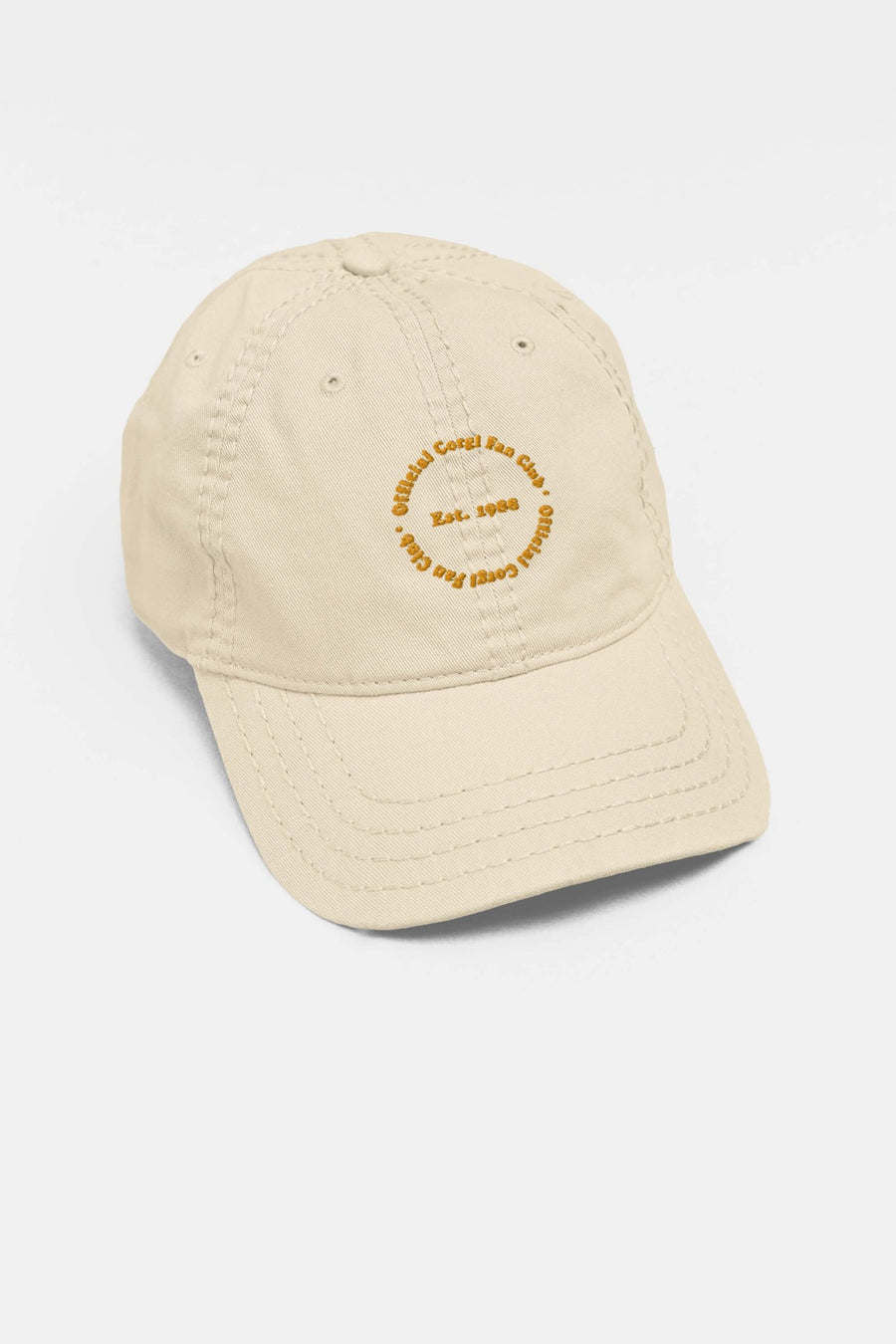 Beige Corgi Fan Club cap from WOOF, straight on front view
