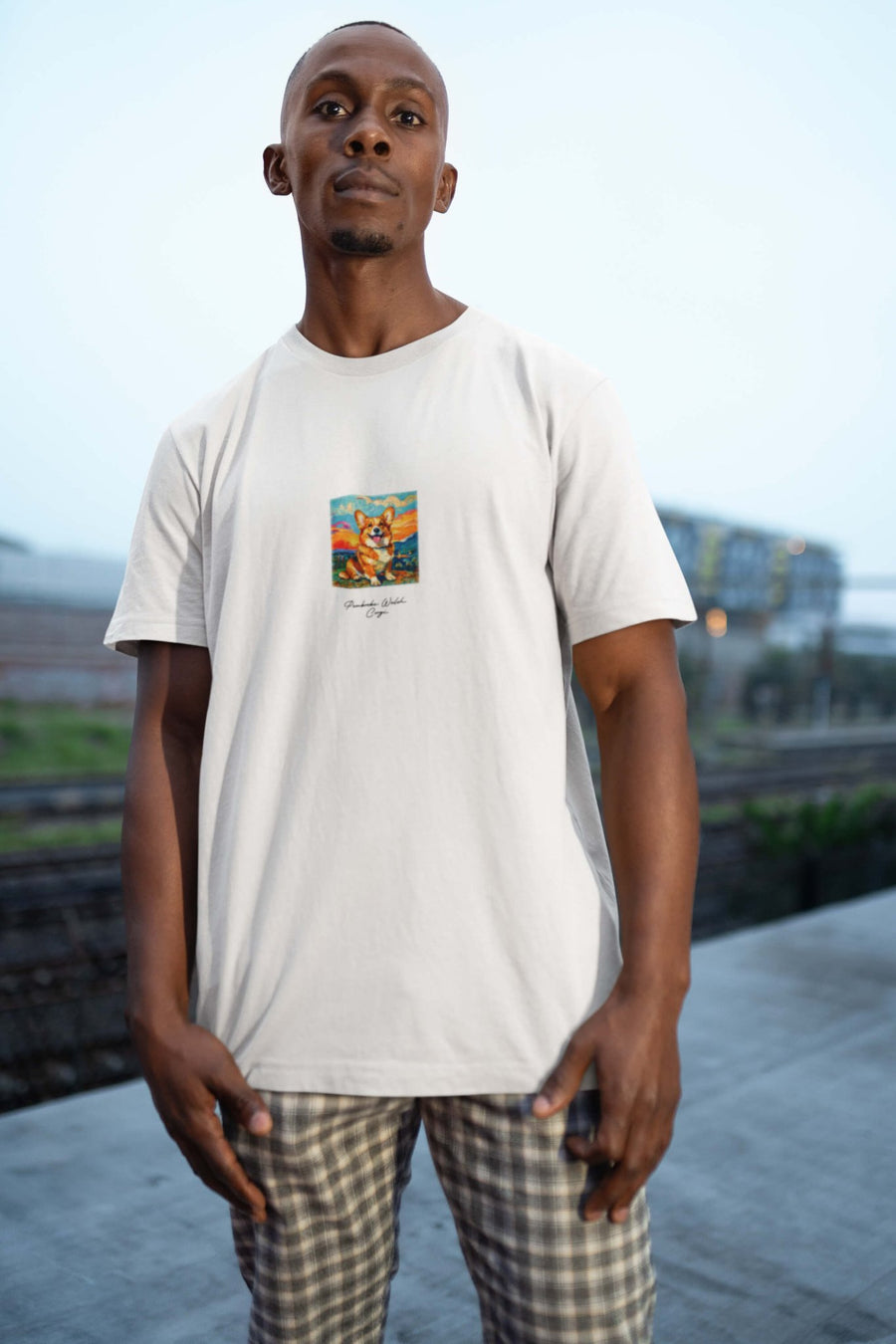 Poetic Corgi Joy T-Shirt from WOOF worn outdoors, front view