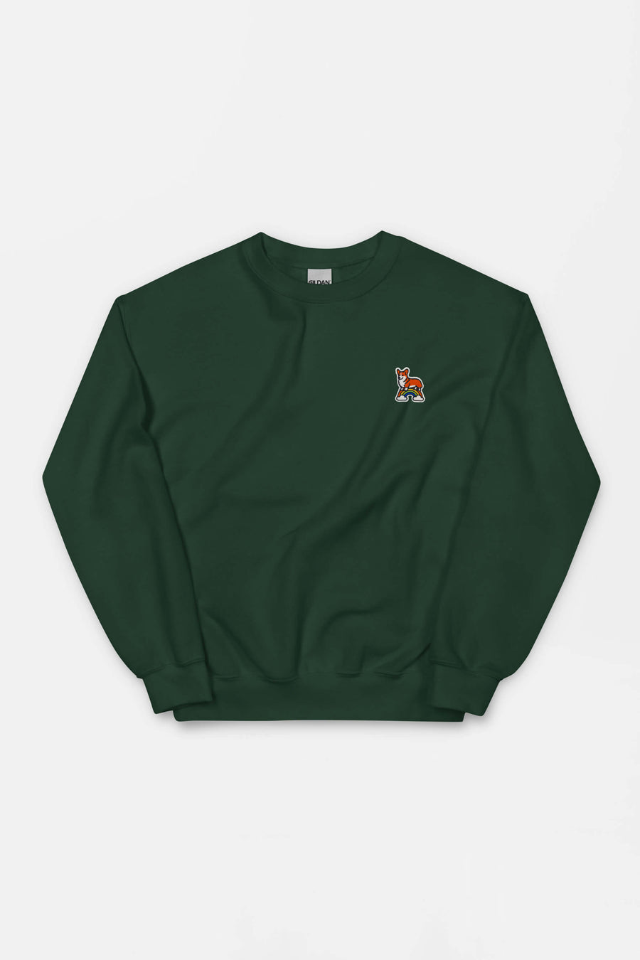 Rainbow Bridge Corgi Sweatshirt from WOOF in forest green on a plain background