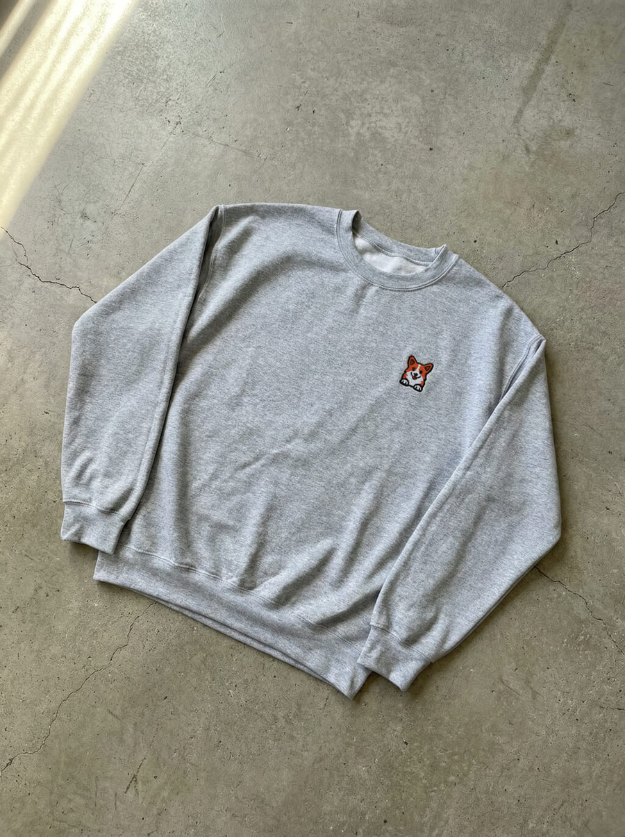 Grey Embroidered Corgi Sweatshirt from WOOF, front view