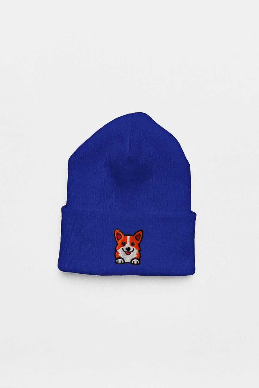 Royal blue Cozy Corgi Patch Beanie from WOOF laid flat
