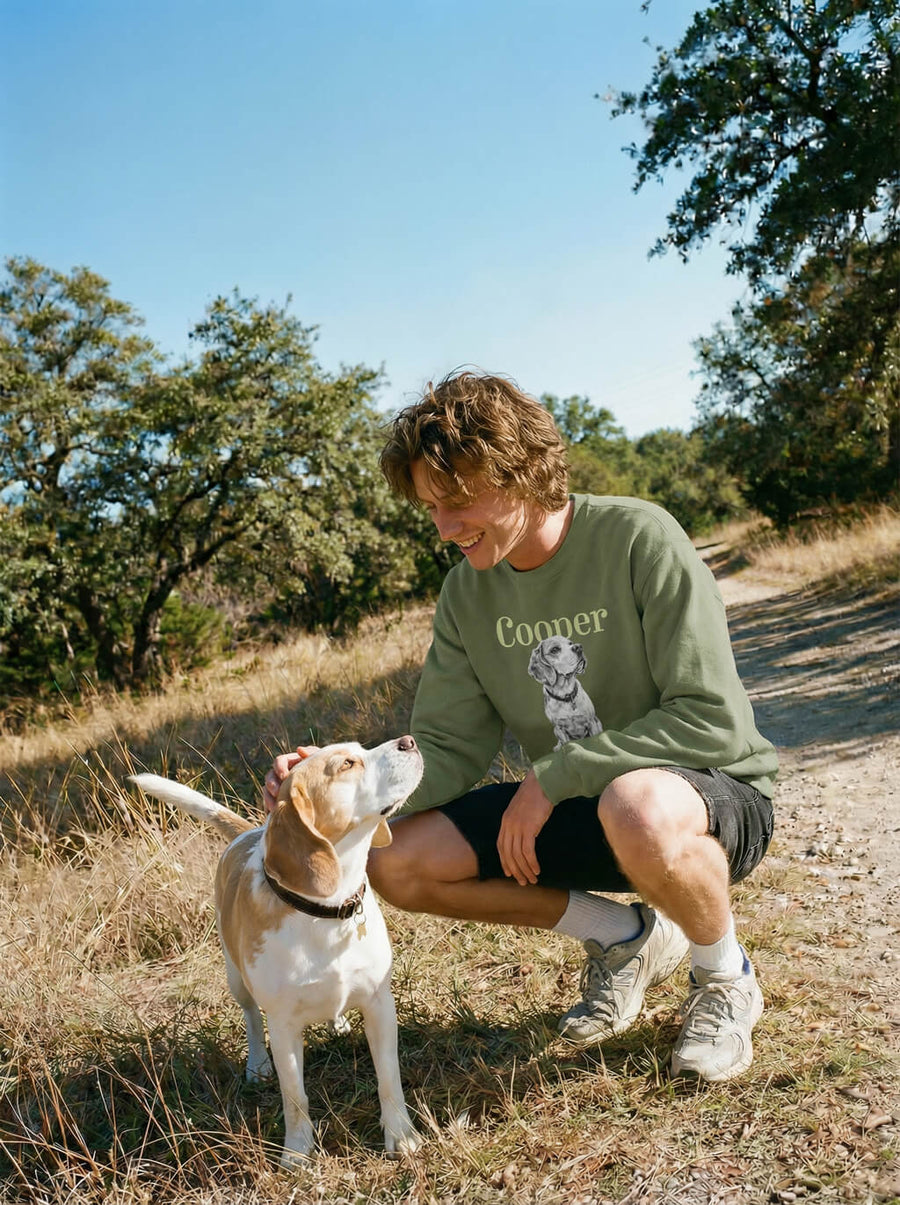 Custom dog sketch sweatshirt from WOOF in military green, portrait example