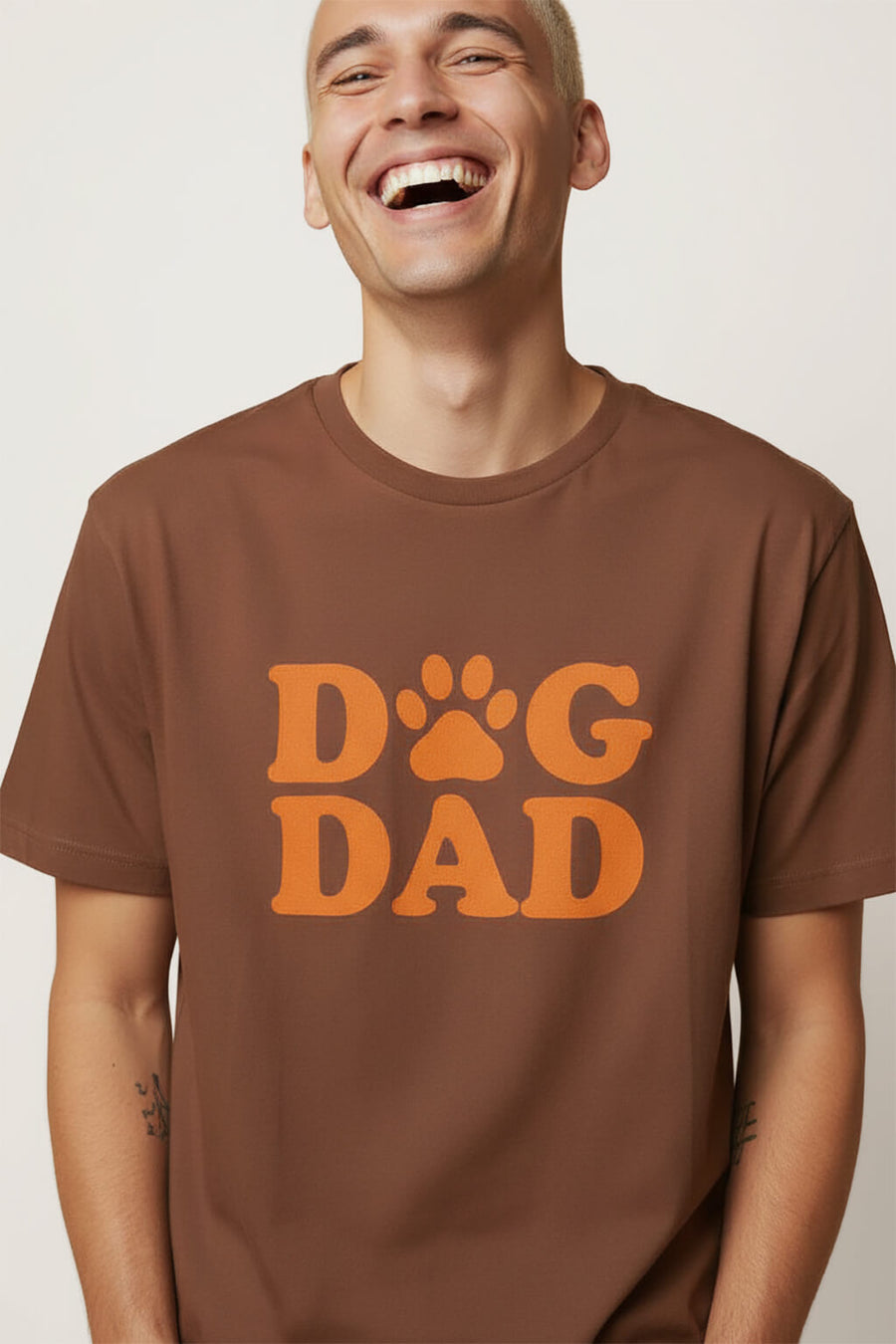 Brown Soft Dog Dad T-Shirt from WOOF, front view with the Dog Dad print