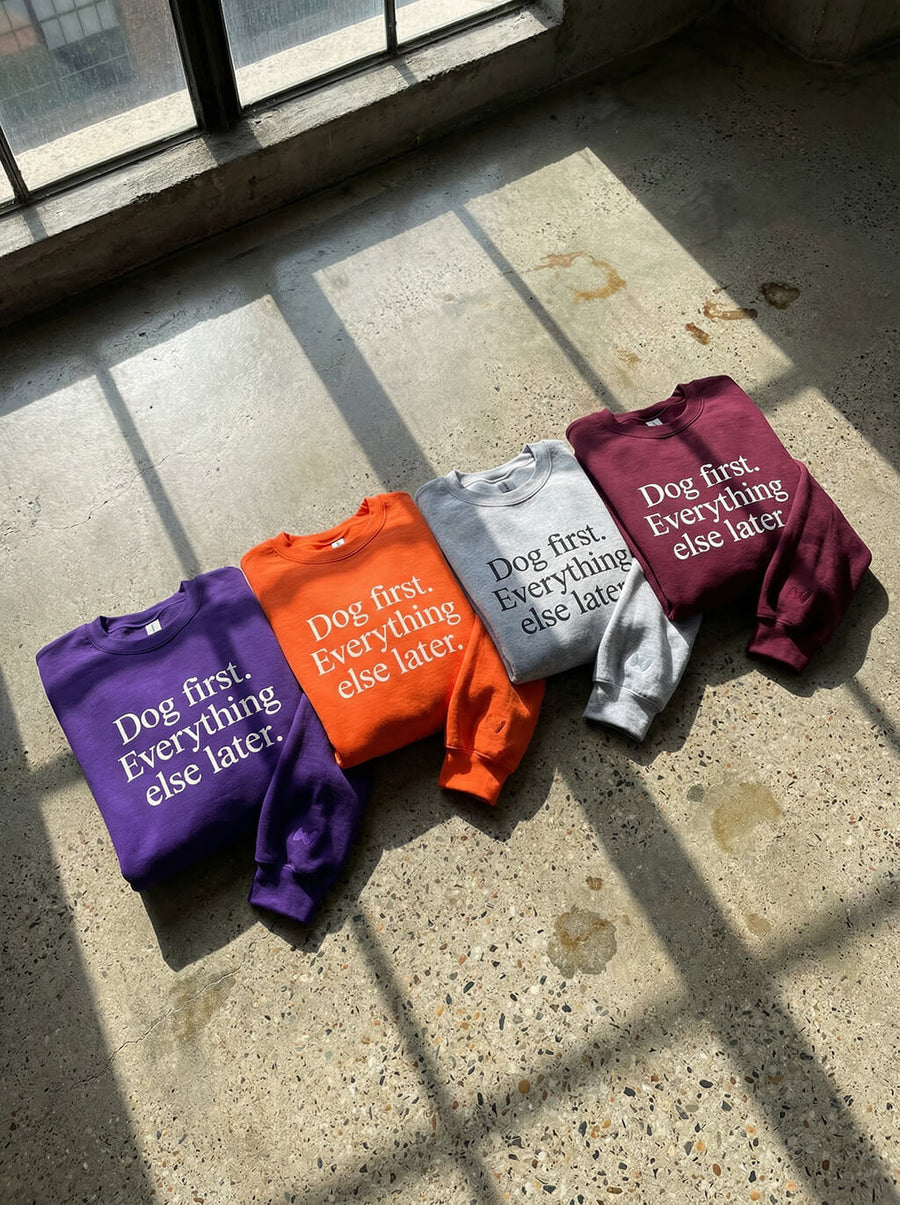 Flat lay of the Dog First Statement Sweatshirts from WOOF