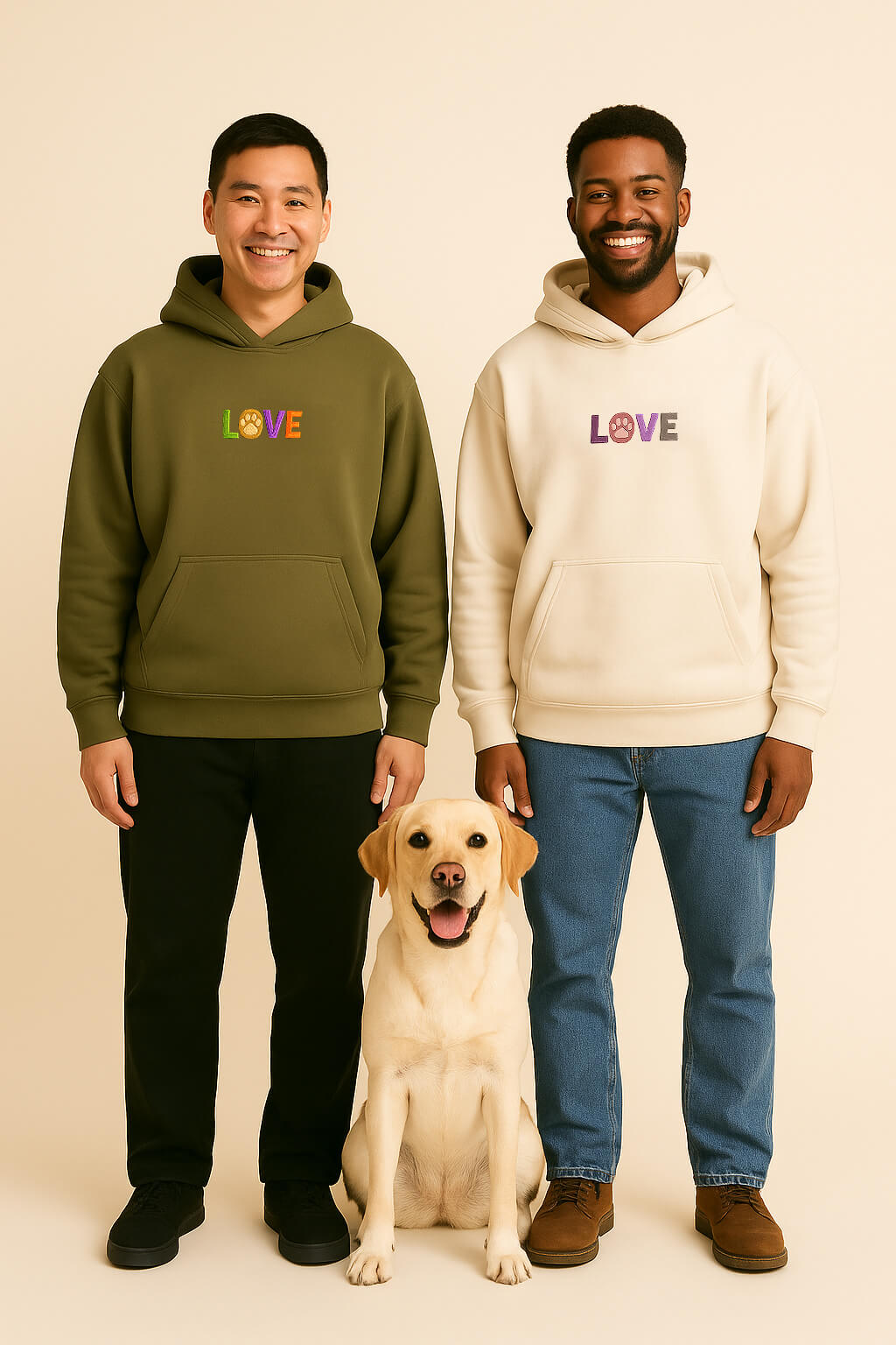 Two men smile side by side in Super Soft Dog Love Hoodies from Dogloverclothing.com, featuring an embroidered LOVE design. An attentive yellow Labrador sits between them against a neutral background.