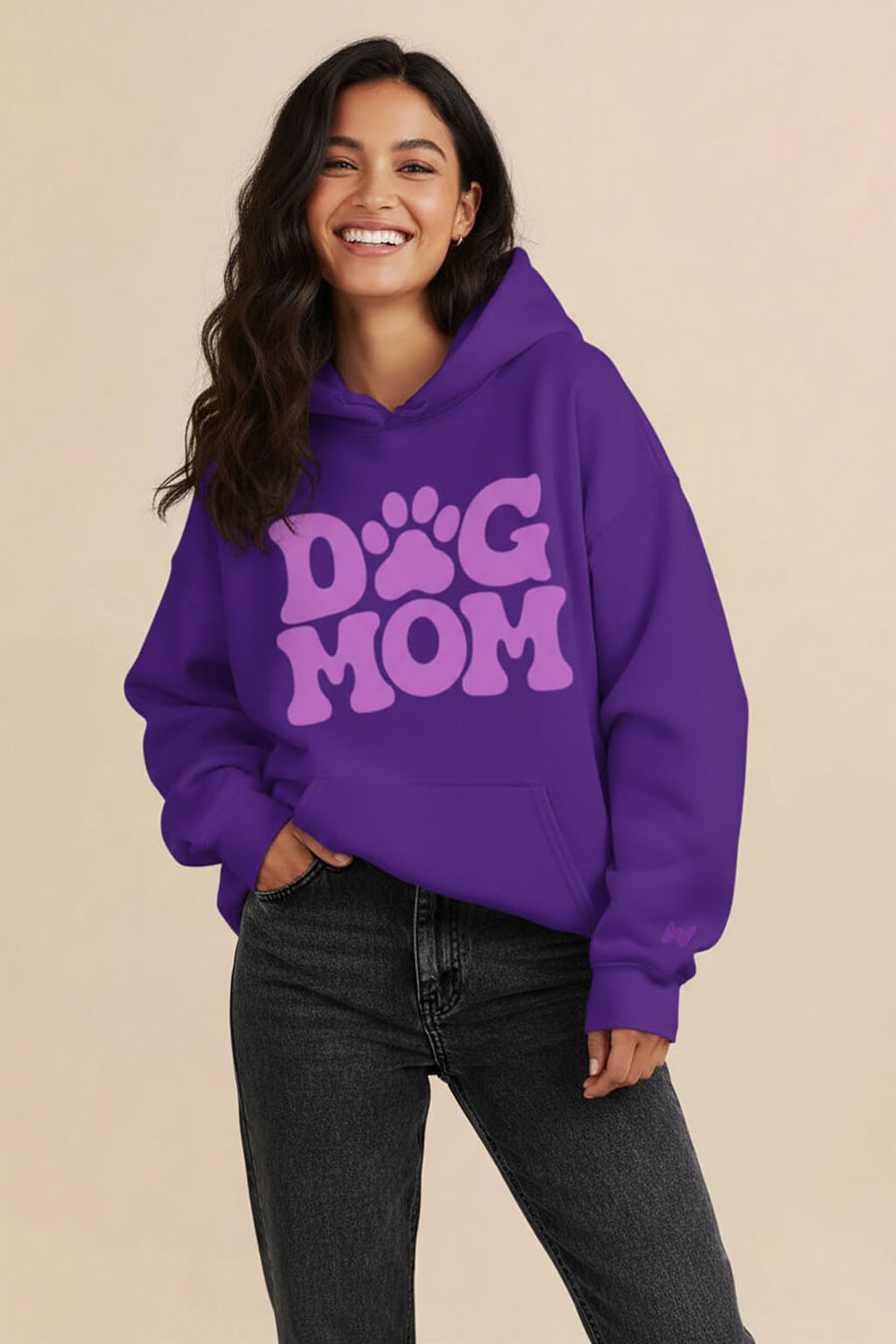 Purple Dog Mom Hoodie from WOOF, front view with the Dog Mom print