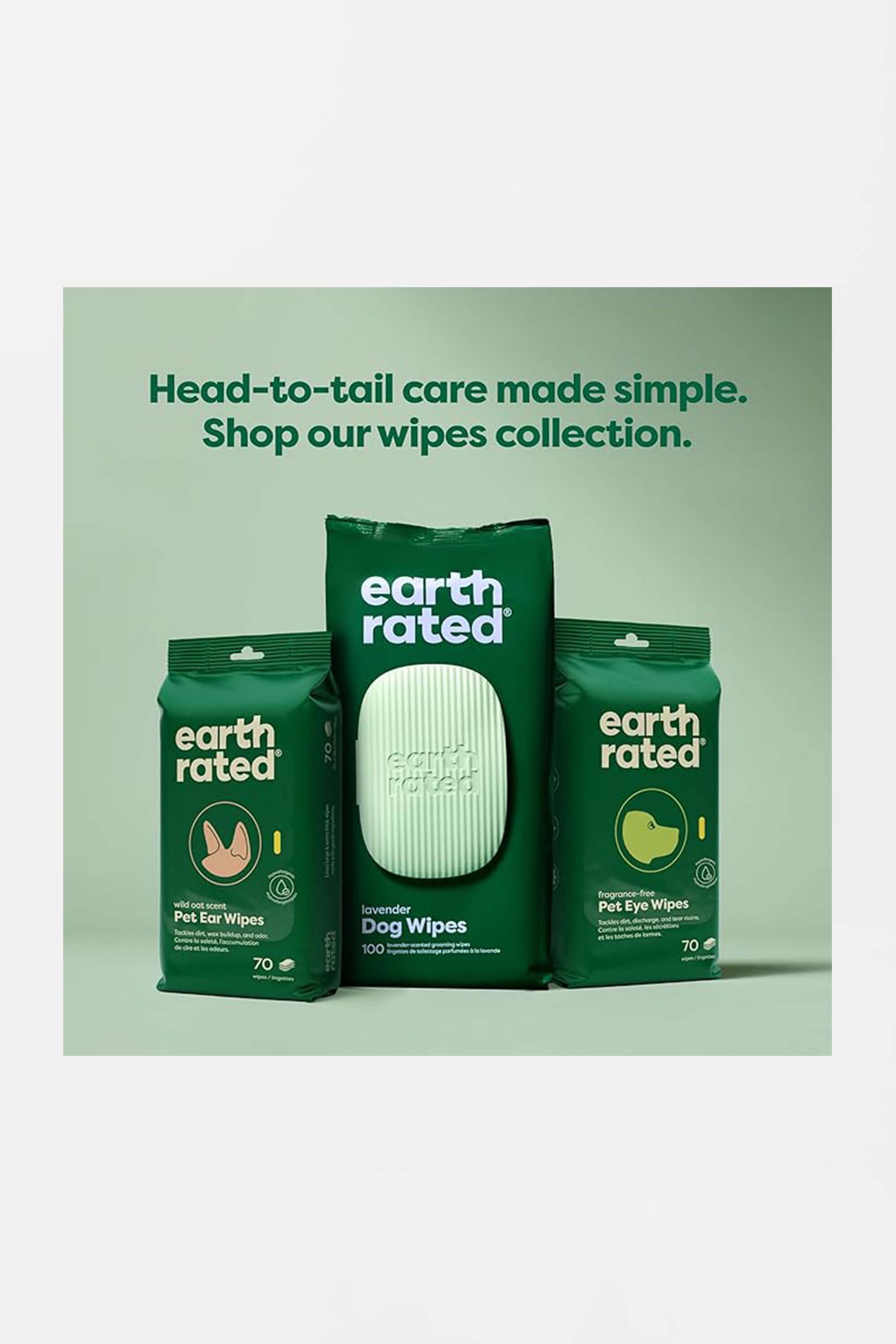 Image of three green-packaged Earth Rated products: Dog Pet Ear Wipes, Dog Wipes, and Pet Eye Wipes. Text reads, Head-to-tail care made simple with Hypoallergenic Earth Rated Pet Wipes, 100 Count by Amazon.