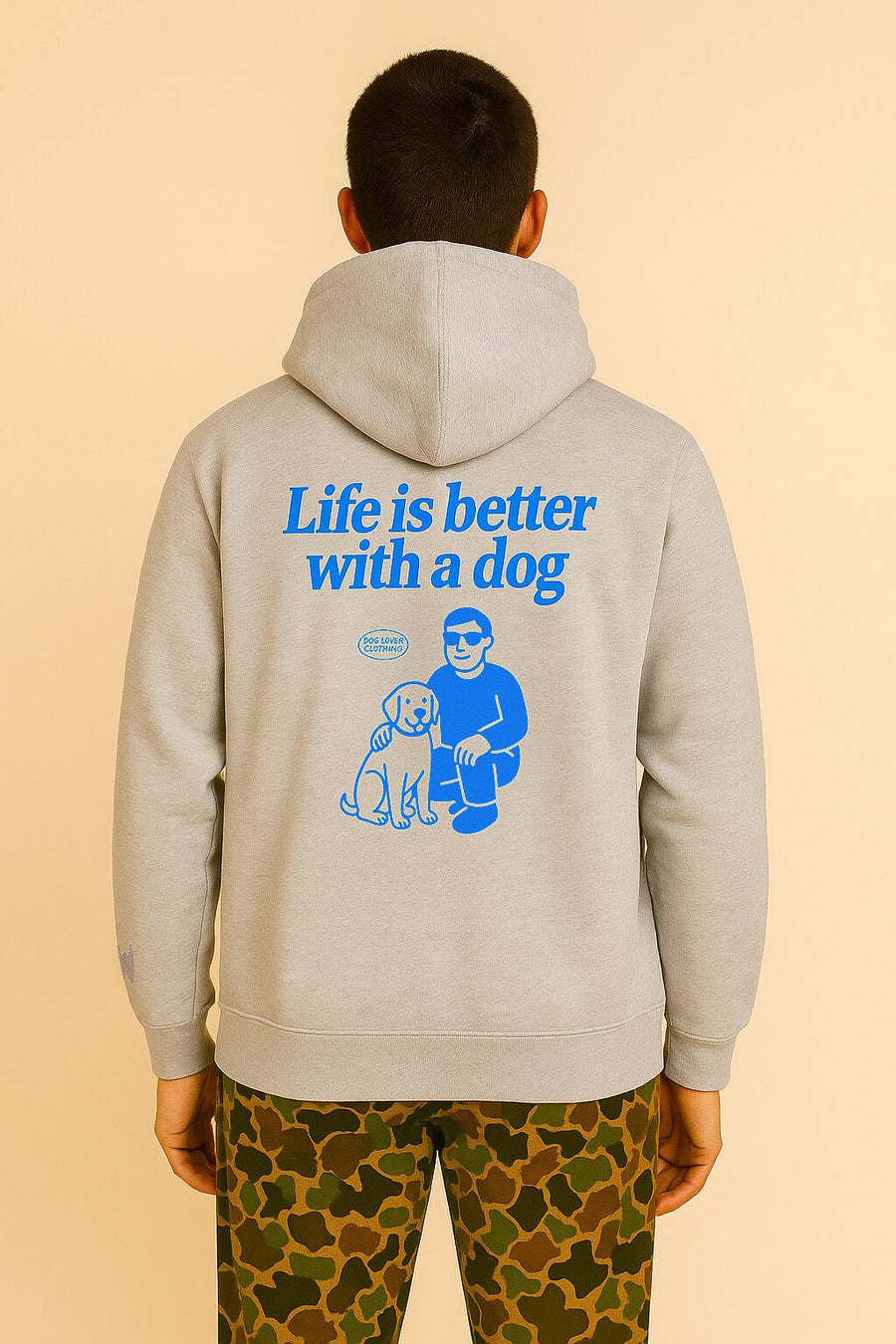 Back of the heather grey Life is Better with a Dog Hoodie from WOOF
